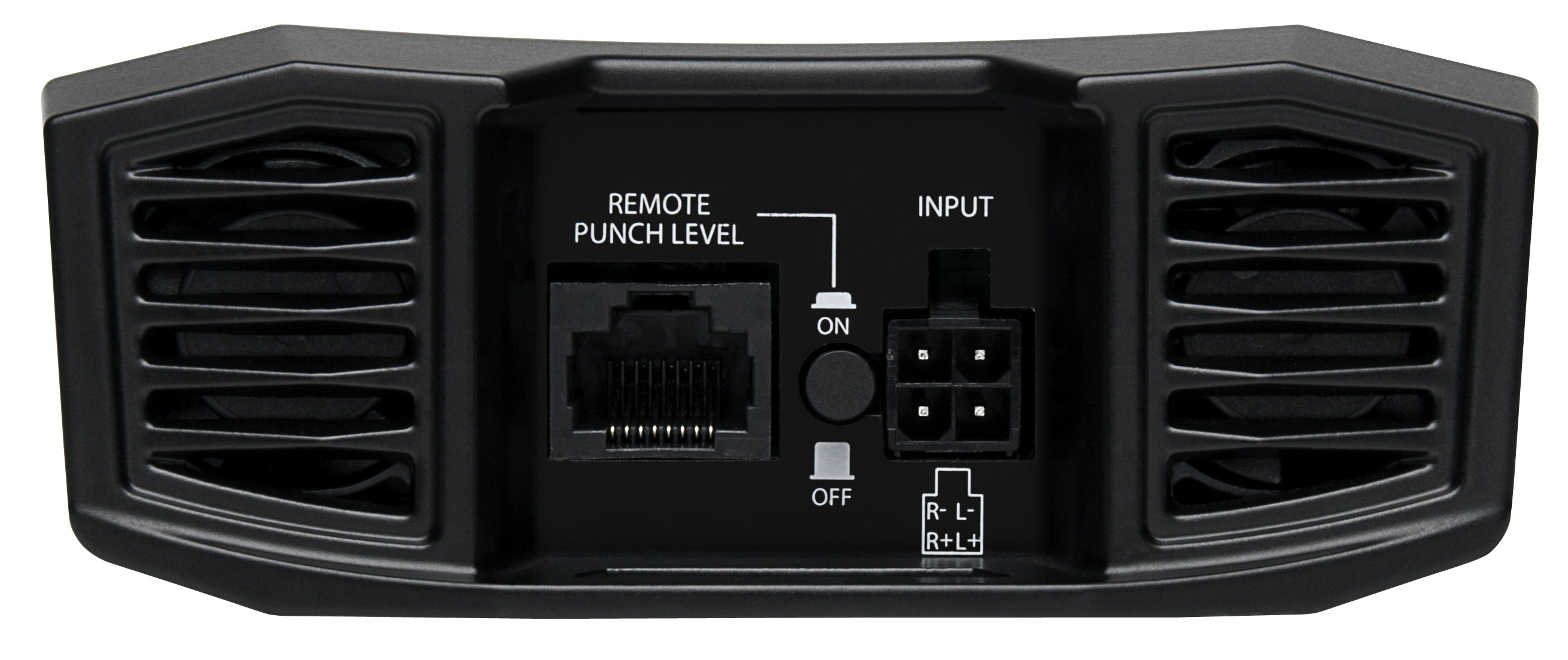 Schwarzes Audioverstärker-Rückwand mit Lüftungsschlitzen, Eingängen und Aufschriften wie 'Remote Punch Level' und 'Input'.