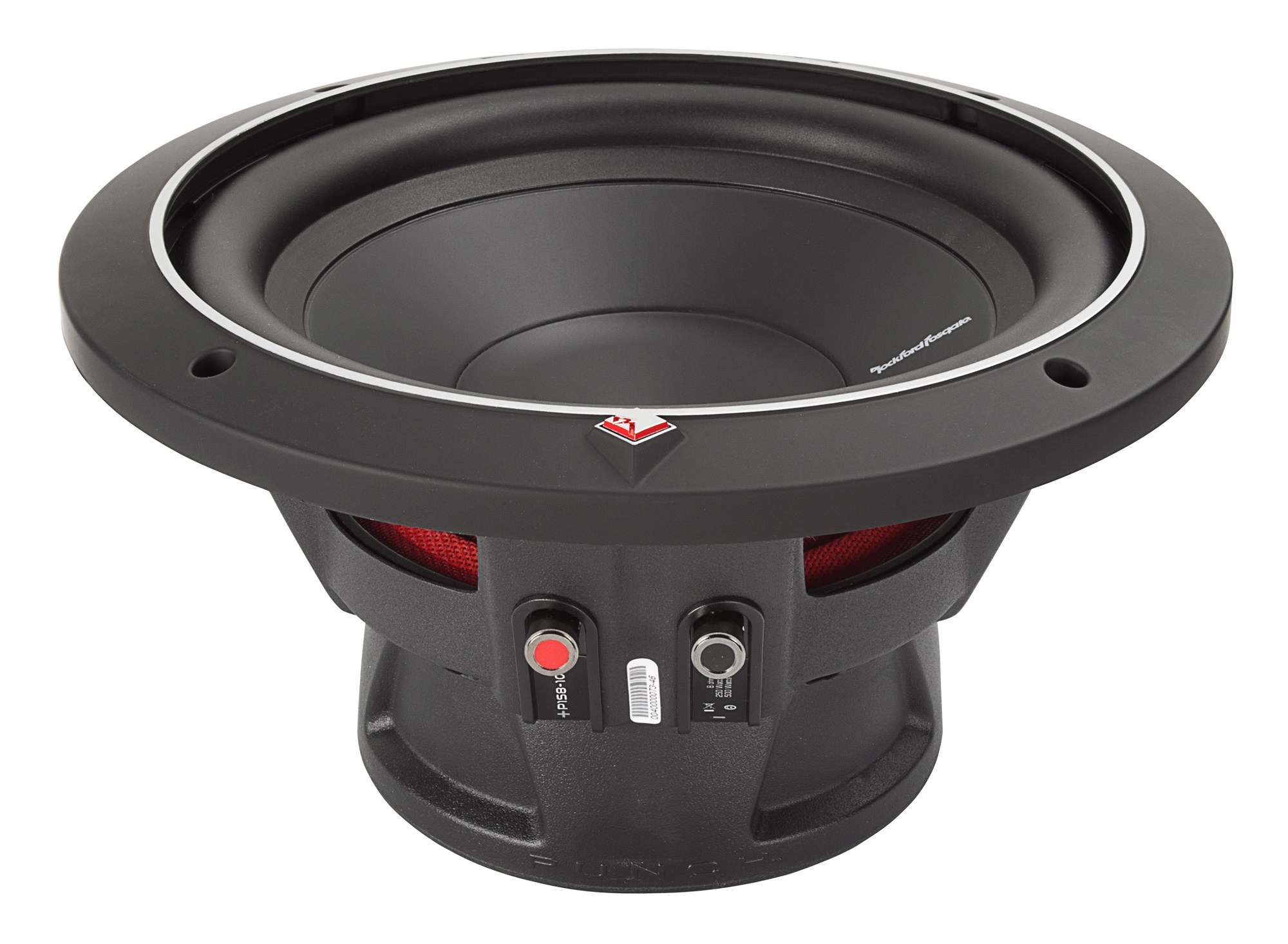 Ein schwarzer Subwoofer mit rotem Netzeinsatz. Er hat ein kreisförmiges Design mit silbernen Akzenten und verschiedenen Eingangstasten.