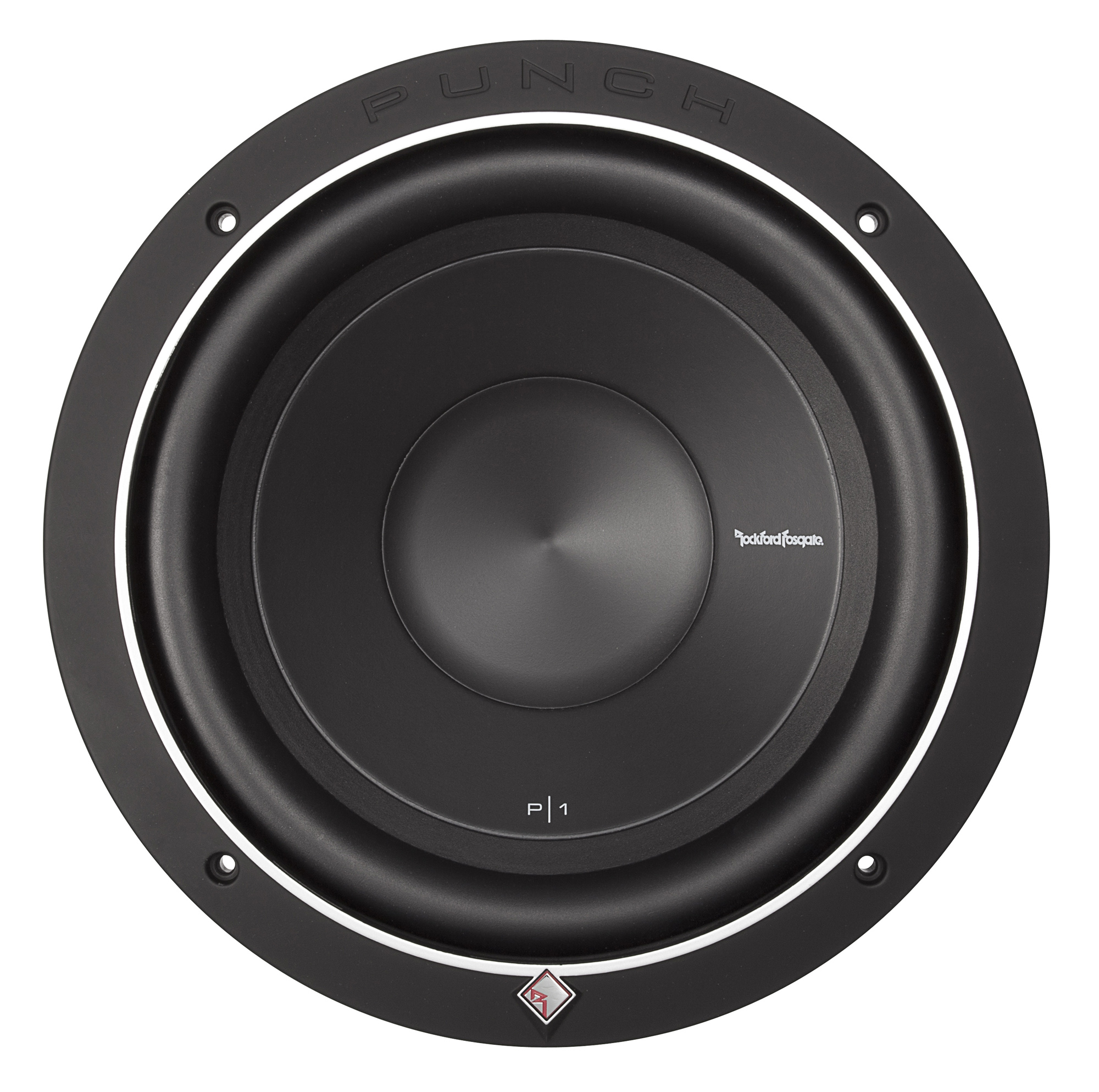 Schwarzer Subwoofer mit weißer Umrandung. Oben steht der Markenname 'PUNCH'. In der Mitte steht der Markenname 'Rockford Fosgate'.