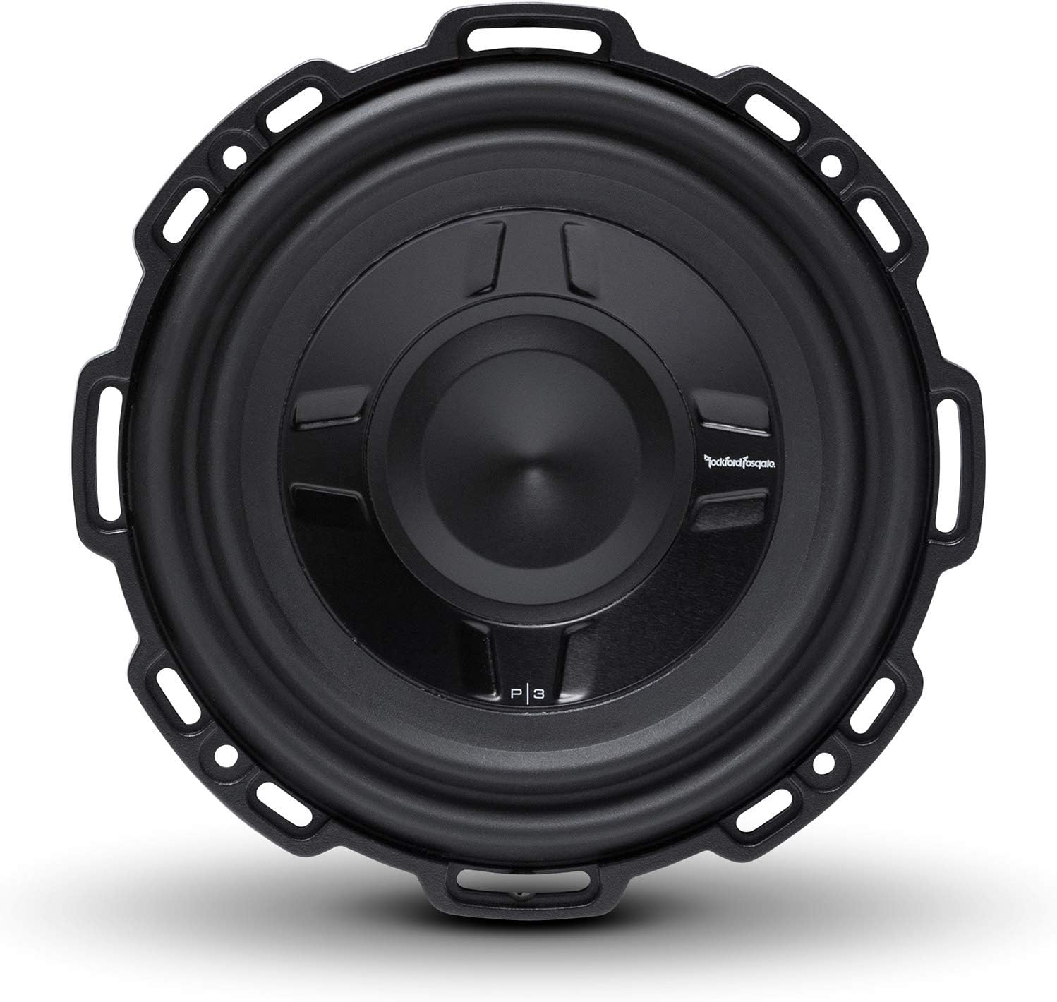 Schwarzer Subwoofer-Lautsprecher mit rundem Design. Er hat einen zentralen Konus, umgeben von einem schwarzen Rahmen mit mehreren Löchern.