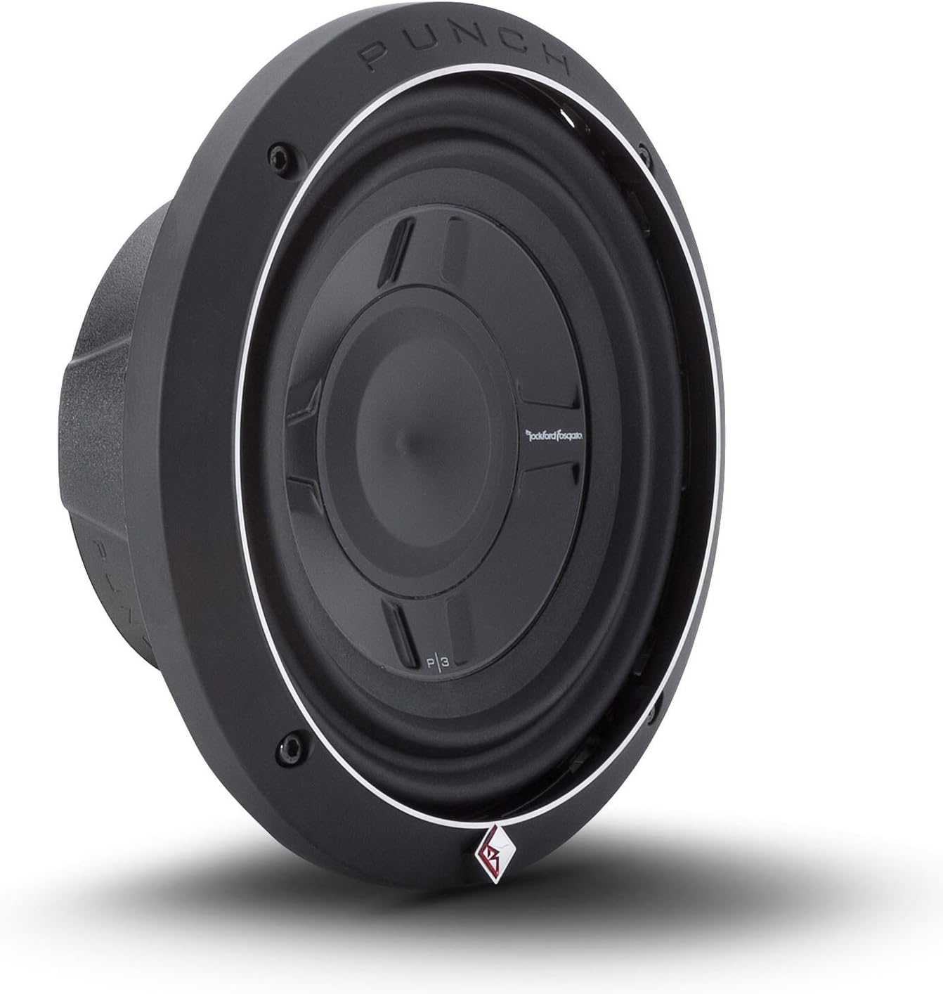 Ein schwarzer Subwoofer mit silberner Zierleiste und dem Wort "PUNCH" oben. Das Logo ist sichtbar. Er steht auf weißem Hintergrund.