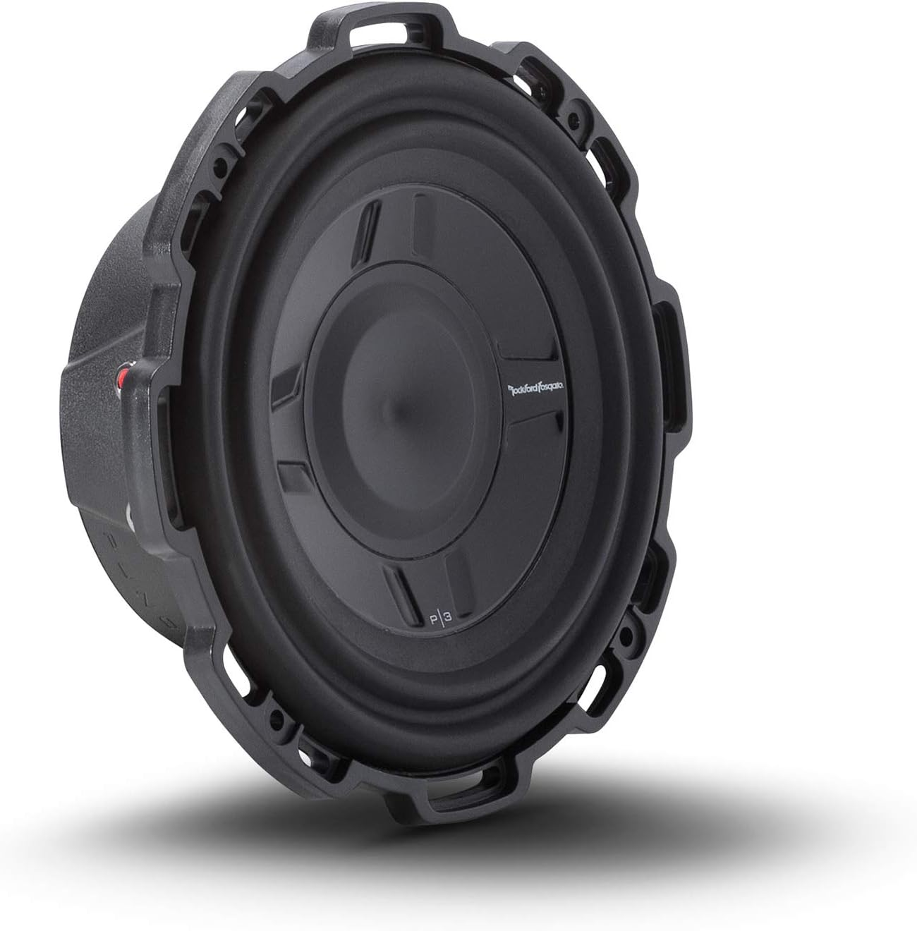 Ein schwarzer Subwoofer mit Schutzrahmen. Der Lautsprecherkonus ist in der Mitte sichtbar. Der Hintergrund ist weiß, und es gibt einen Schatten.