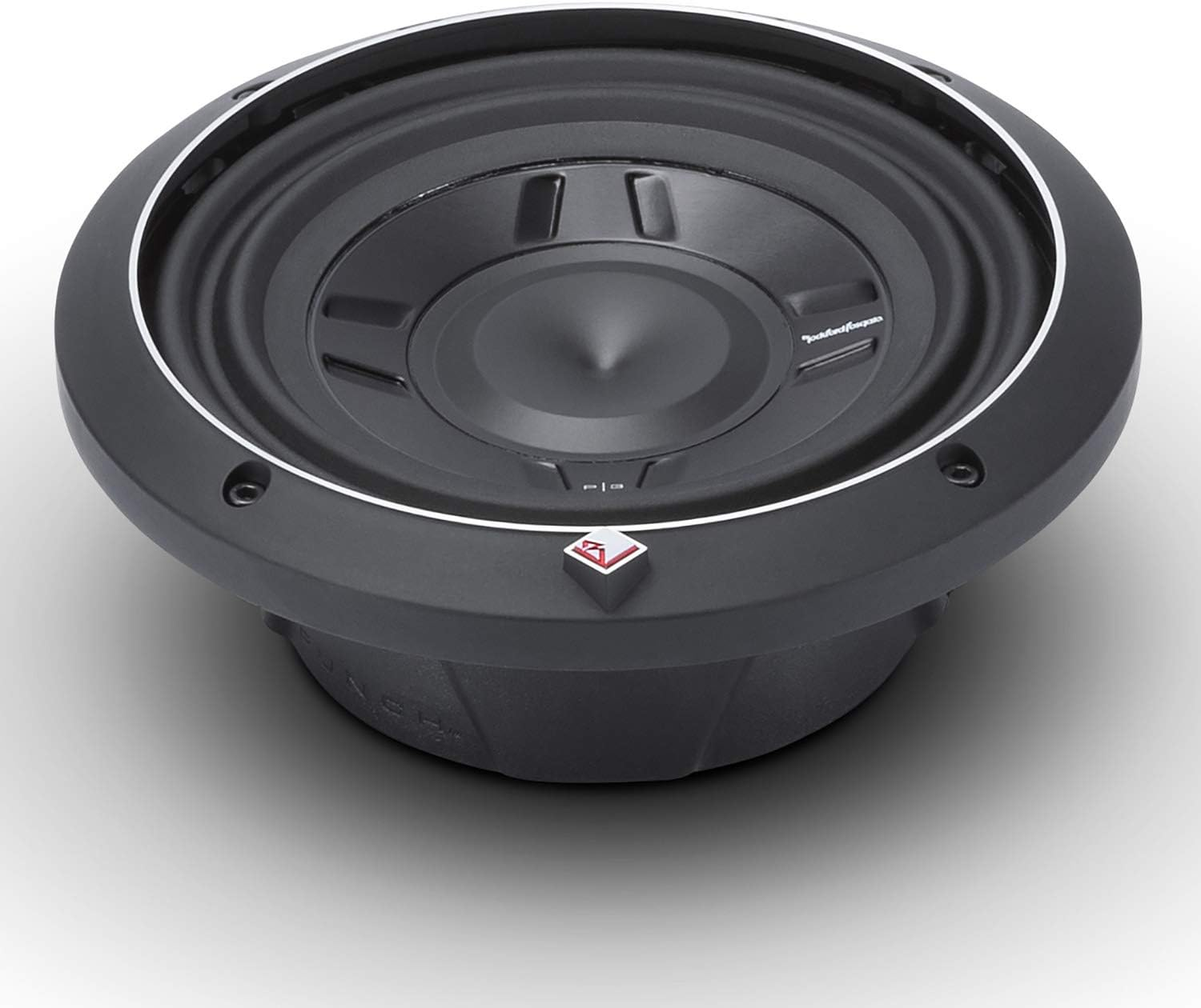 Ein schwarzer Subwoofer mit silberner Zierleiste und dem Rockford Fosgate Logo, auf weißem Hintergrund.