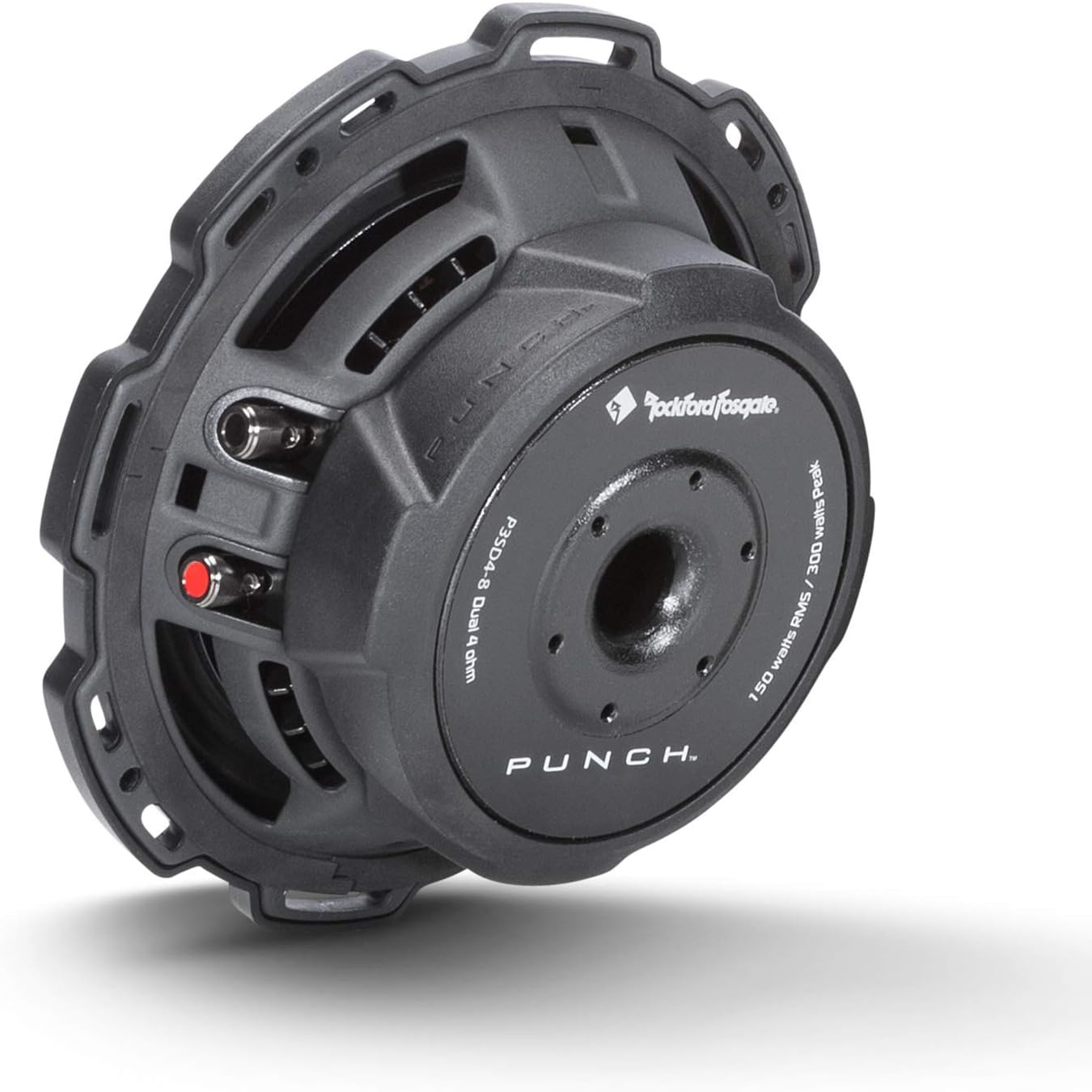 Ein schwarzer Subwoofer mit dem Markennamen Rockford Fosgate. Er hat einen zentralen Konus, einen umlaufenden Rahmen und technische Details.