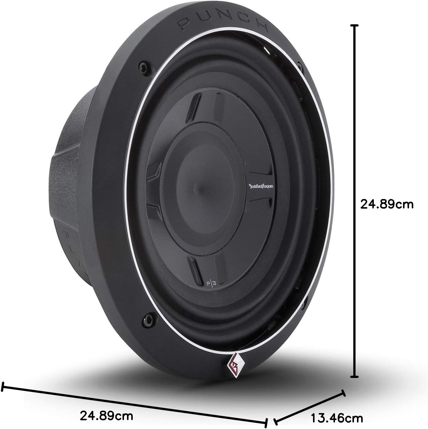 Ein schwarzer Subwoofer mit silberner Zierleiste und dem Markennamen PUNCH. Abmessungen: 24,89 cm x 24,89 cm x 13,46 cm. Weißer Hintergrund.