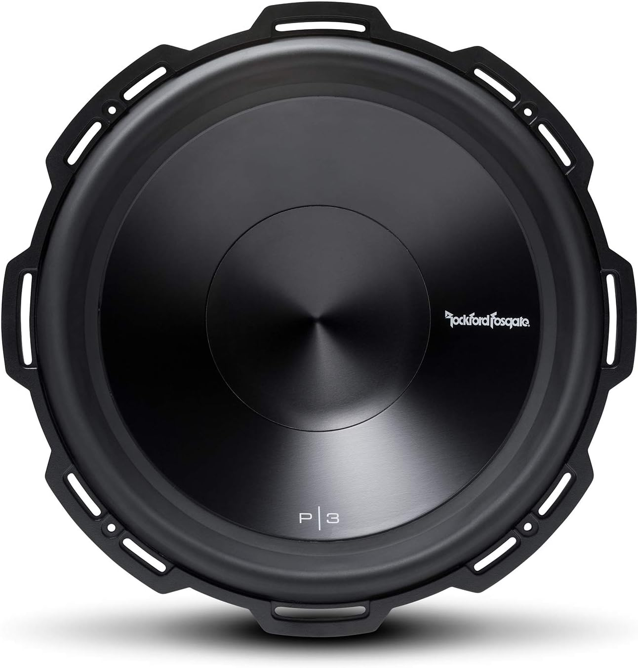 Ein schwarzer Subwoofer mit Schutzrahmen. Die Mitte hat eine Kegelform und die Marke Rockford Fosgate ist sichtbar.