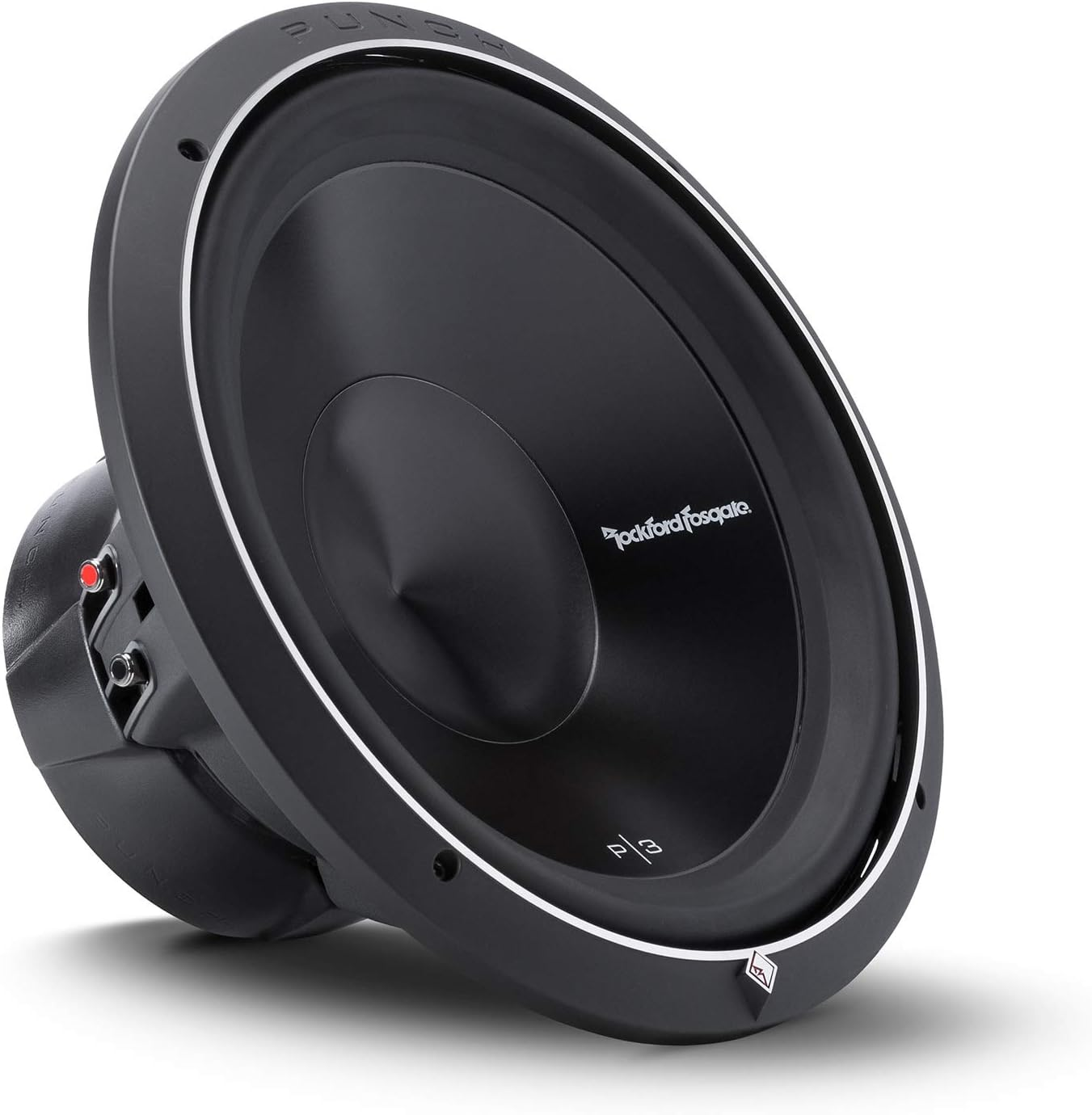 Ein schwarzer Subwoofer mit weißem Rand. Der Markenname 'Rockford Fosgate' ist sichtbar. Der Subwoofer ist nach rechts abgewinkelt.