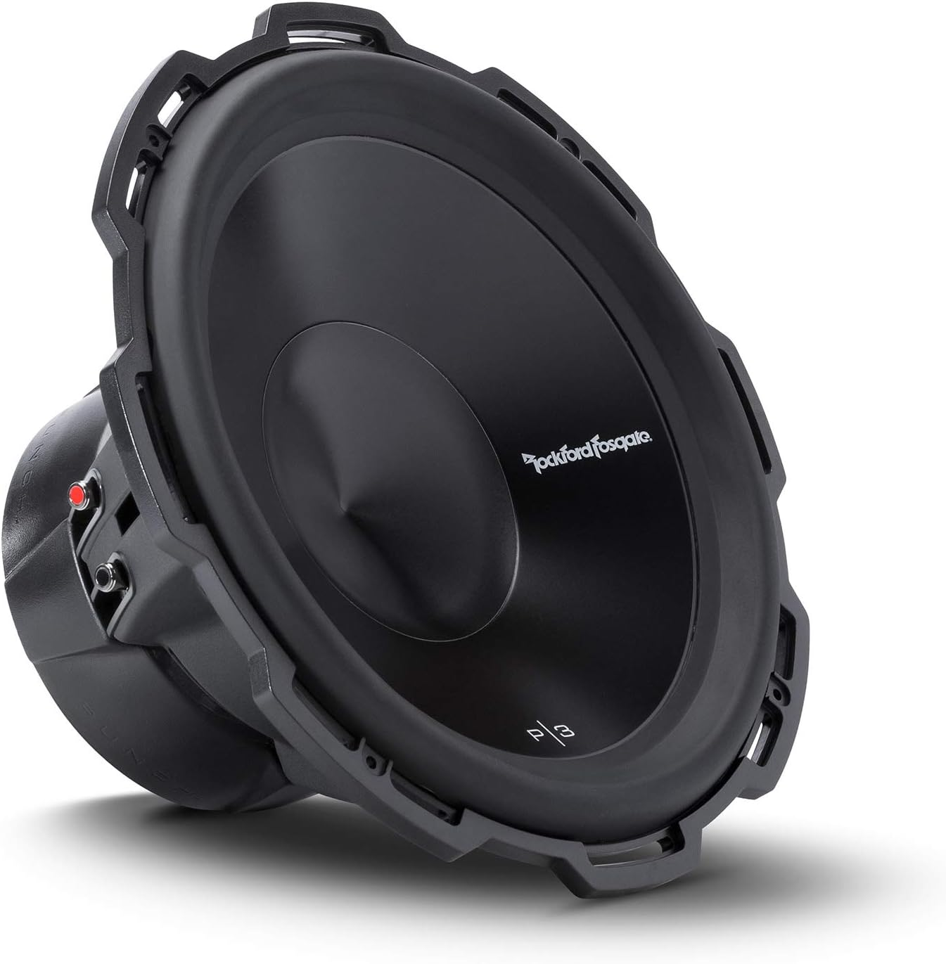 Ein schwarzer Subwoofer mit einem Konus. Er hat einen markanten Rahmen und der Markenname Rockford Fosgate ist sichtbar.
