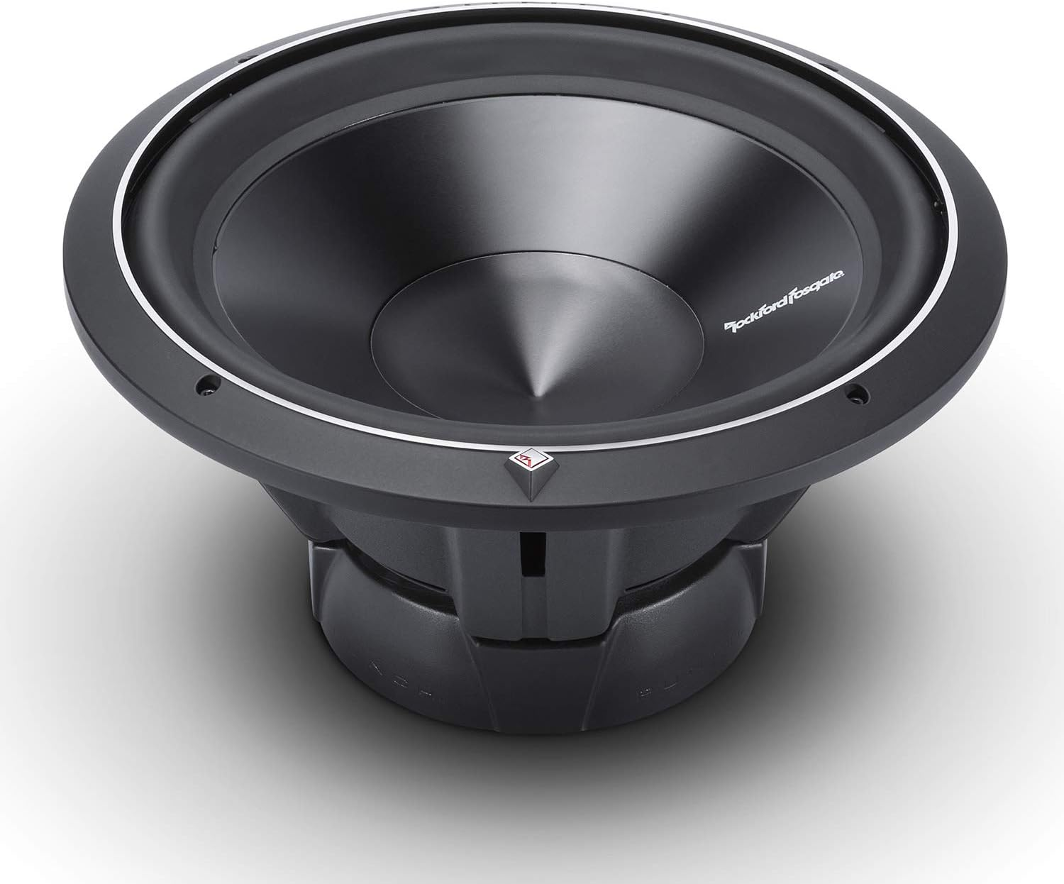 Ein schwarzer Subwoofer mit silberner Zierleiste, der Konus ist dunkel und zentriert. Er steht auf einer weißen Oberfläche, ein Schatten ist sichtbar.