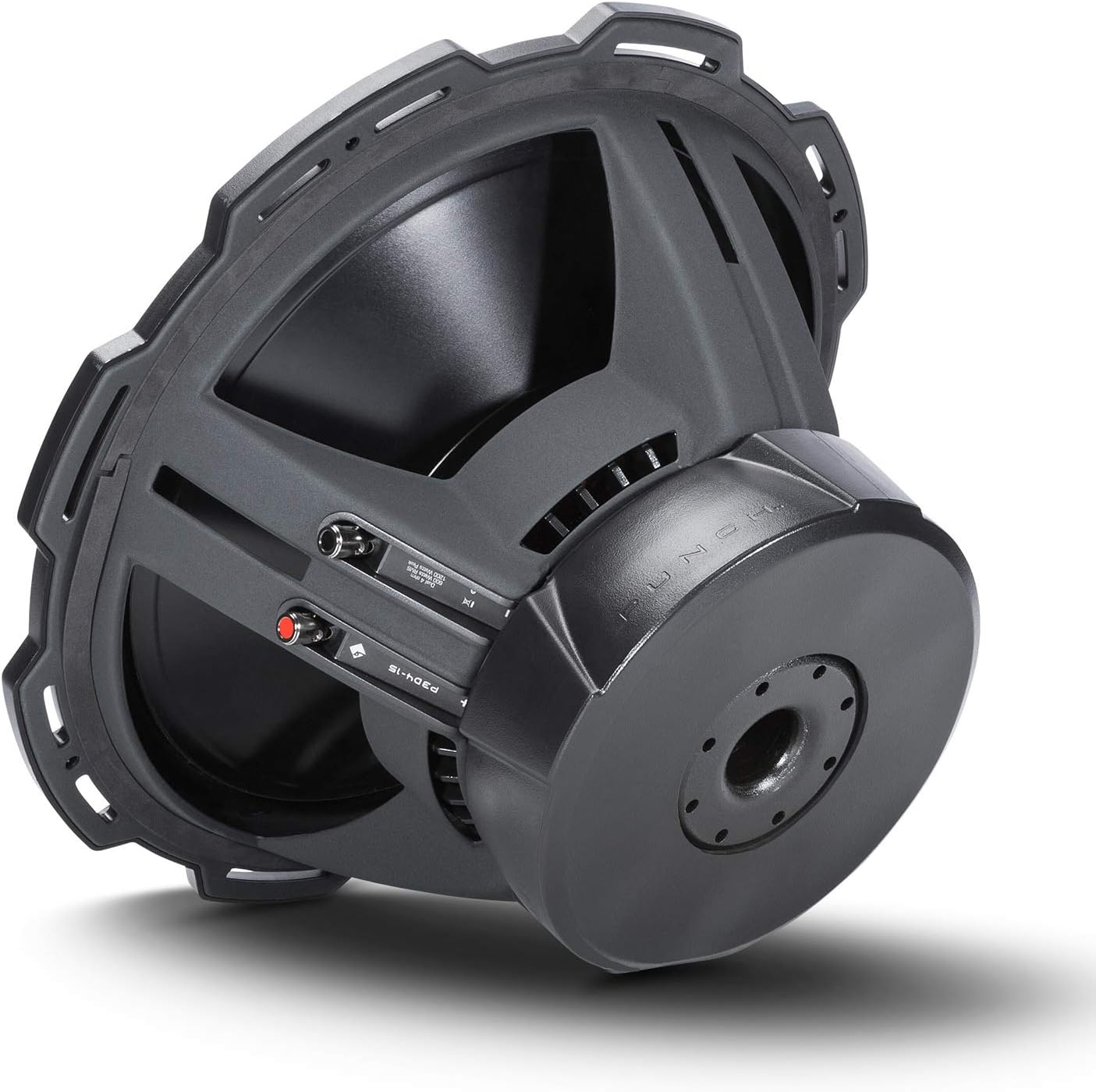 Ein dunkelgrauer Subwoofer auf weißem Hintergrund. Er hat einen kreisförmigen Rahmen und einen zentralen Konus. Der Markenname ist sichtbar.