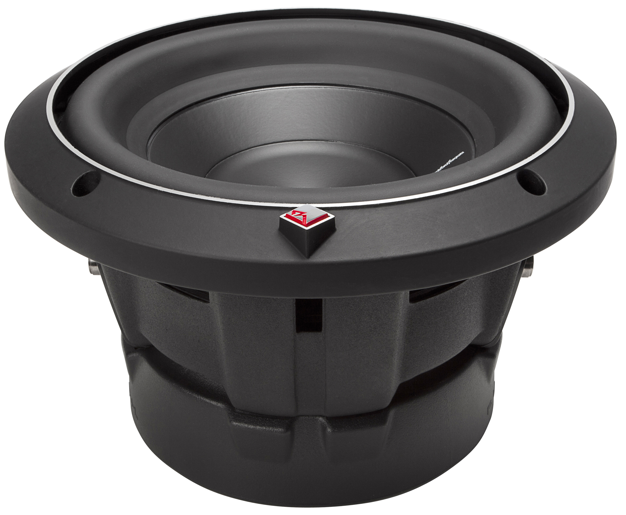 Ein schwarzer Subwoofer mit silberner Einfassung und einem roten Logo in der Mitte. Er hat eine runde Form mit einem markanten Konus.