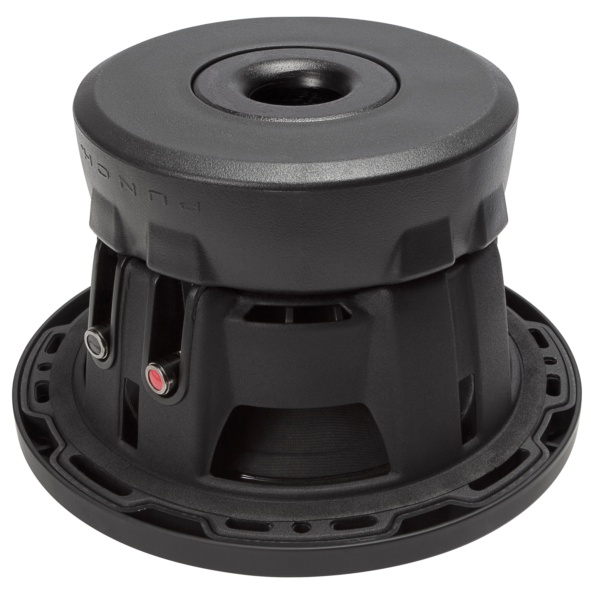 Schwarzer Subwoofer auf weißem Hintergrund. Er hat ein kreisförmiges Design mit einem zentralen Loch und dem Wort 'PUNCH'.