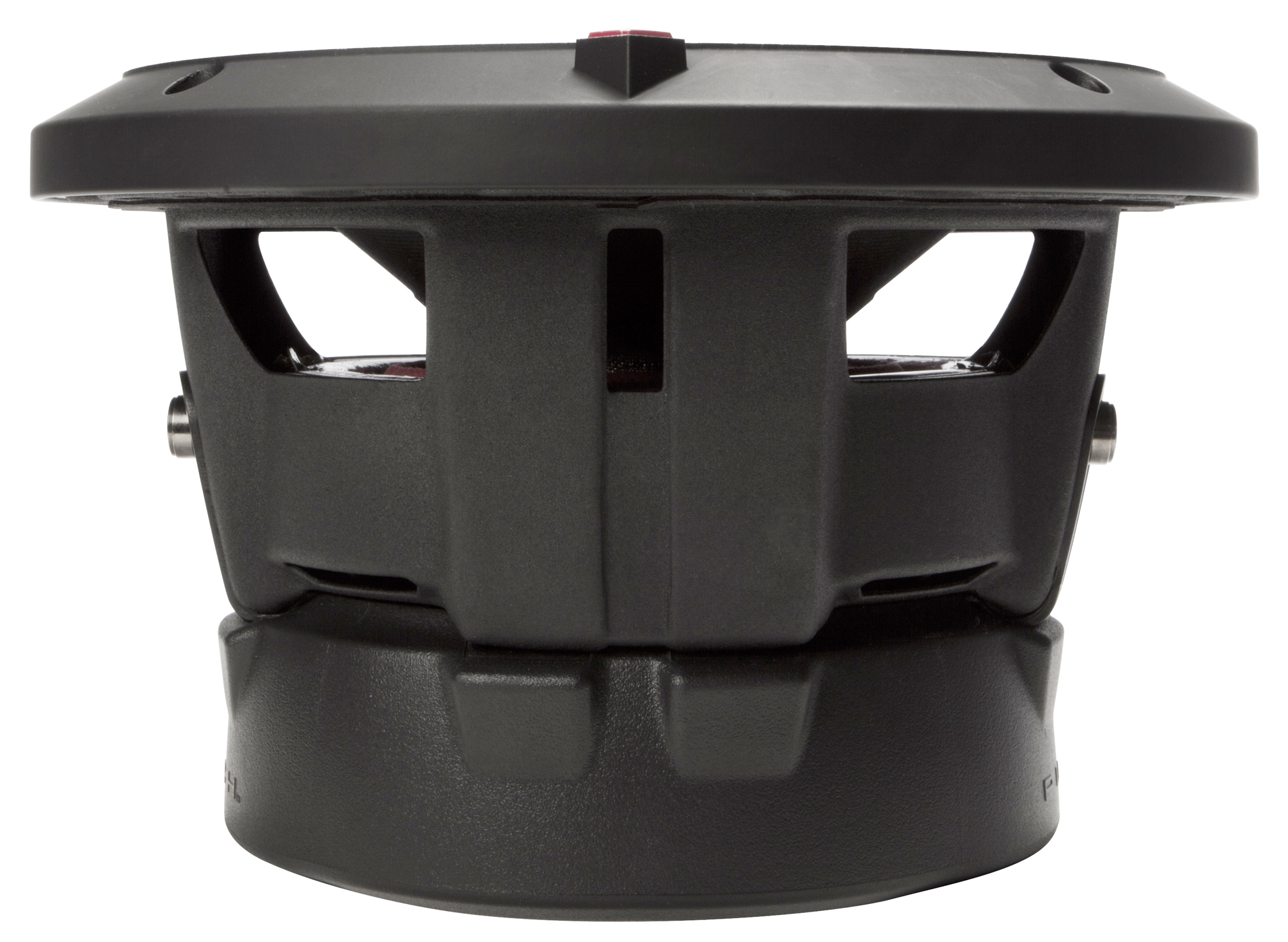Ein schwarzer Subwoofer mit rundem Ober- und Unterteil. Er hat eine Reihe von Öffnungen an der Seite und einen roten Akzent oben.