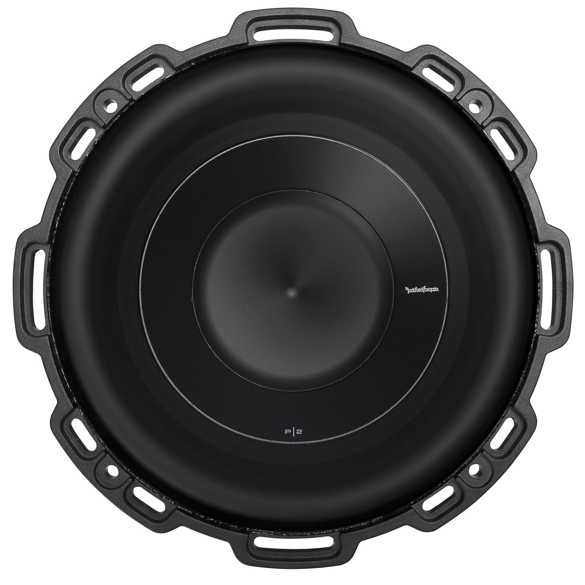 Schwarzer Subwoofer mit kreisförmigem Rahmen. Enthält den Text P|2 und das Rockford Fosgate-Logo. Weißer Hintergrund.