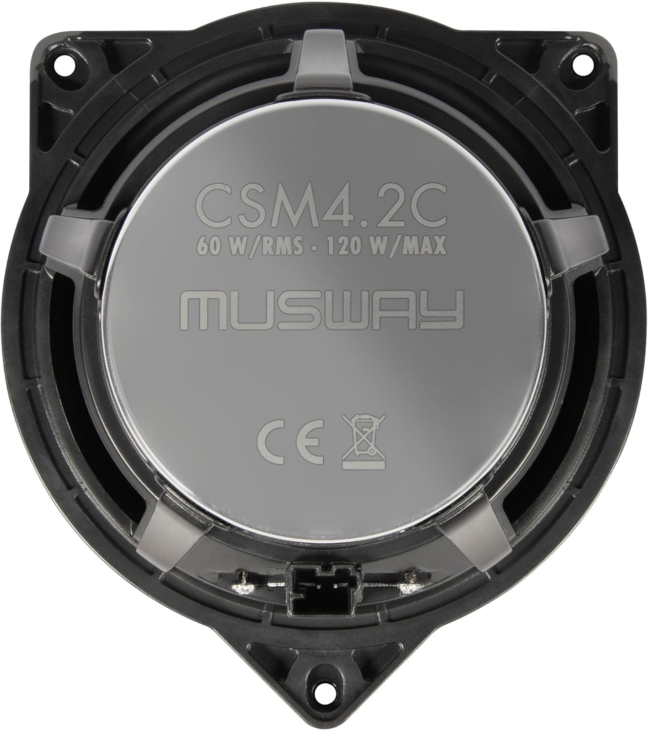 Ein Autolautsprecher mit silberner Mitte und schwarzem Rahmen. Auf dem Lautsprecher steht CSM4.2C, MUSWAY und CE-Symbol.