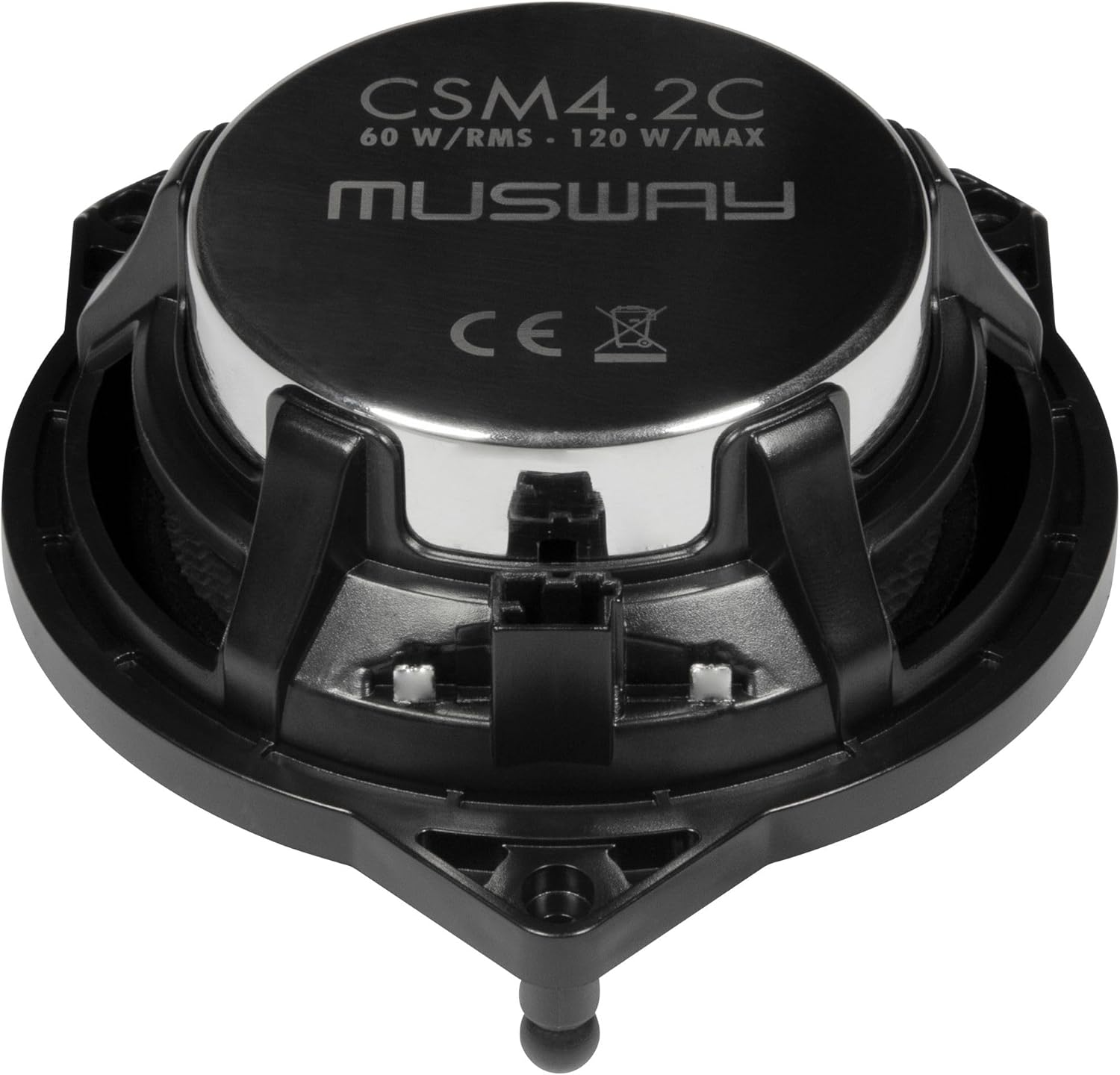 Ein schwarzer Lautsprecher mit rundem, metallischem Mittelteil. Es trägt die Aufschrift 'CSM4.2C', 'MUSWAY' und 'CE'. Der Sockel ist schwarz mit abgerundetem Boden.