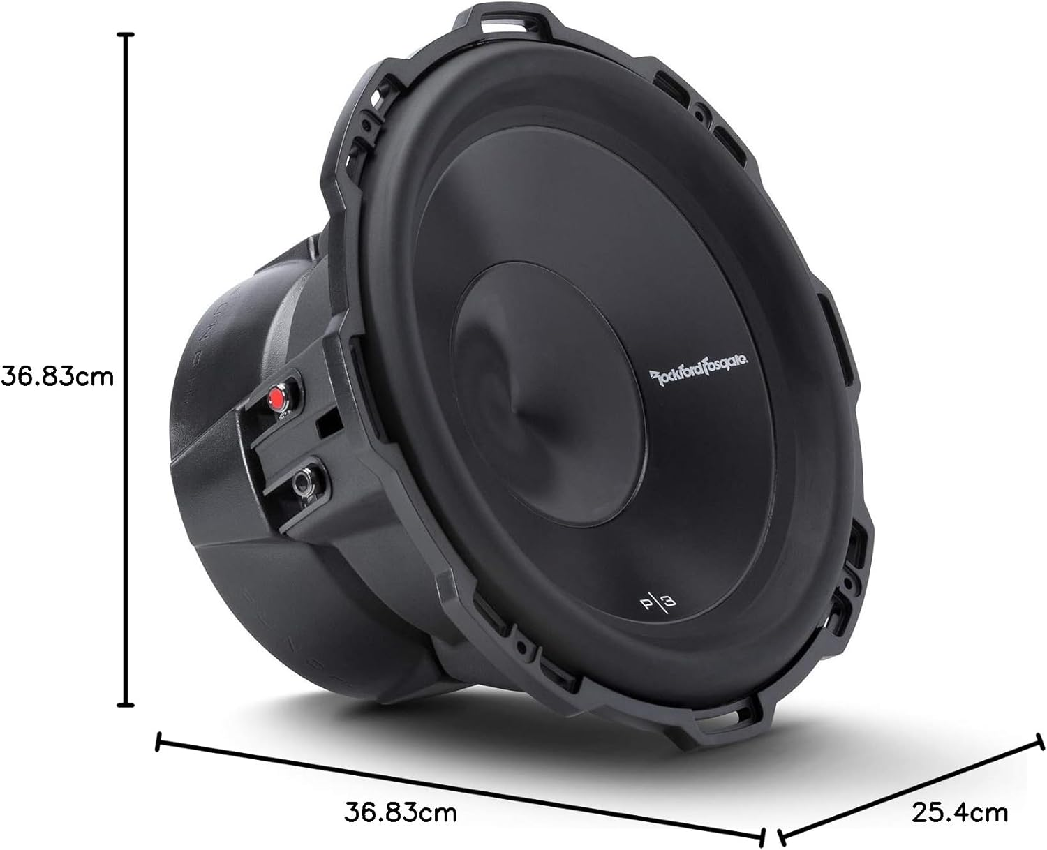 Ein schwarzer Rockford Fosgate P3 Subwoofer. Er ist rund mit dunkler Mitte und Schutzgitter. Maße sind angegeben.