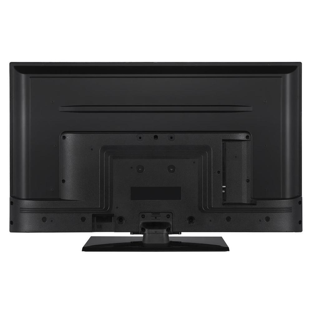 Widok z tyłu czarnego telewizora z płaskim ekranem na stojaku. Tył ma różne panele i porty. Stojak jest mały i kwadratowy.