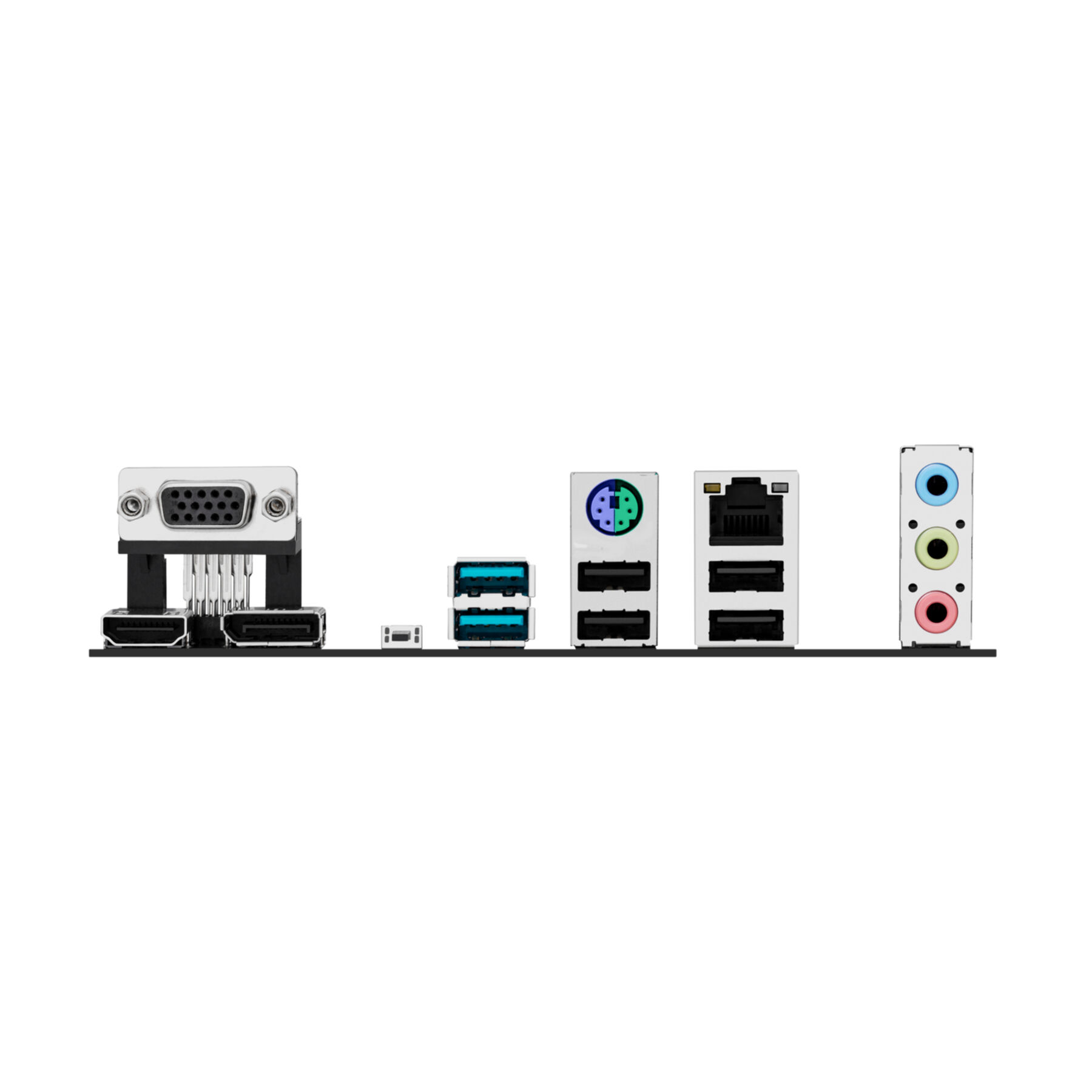 Panneau arrière d'une carte mère d'ordinateur, avec ports vidéo, audio, USB et connexions réseau sur fond blanc.