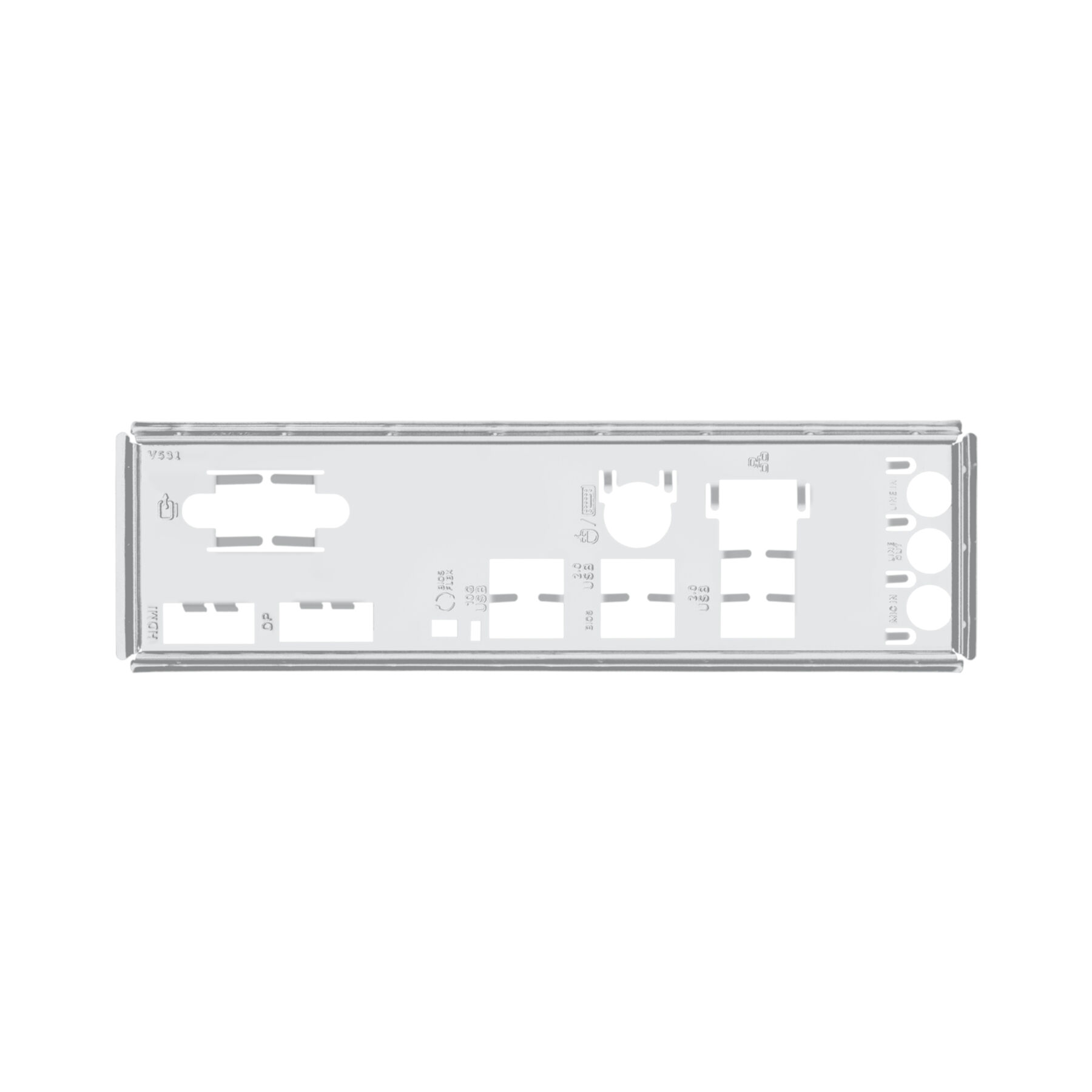 Panneau arrière d'une carte mère d'ordinateur avec ports HDMI, DP, USB et prises audio, vue de dessus sur fond blanc.