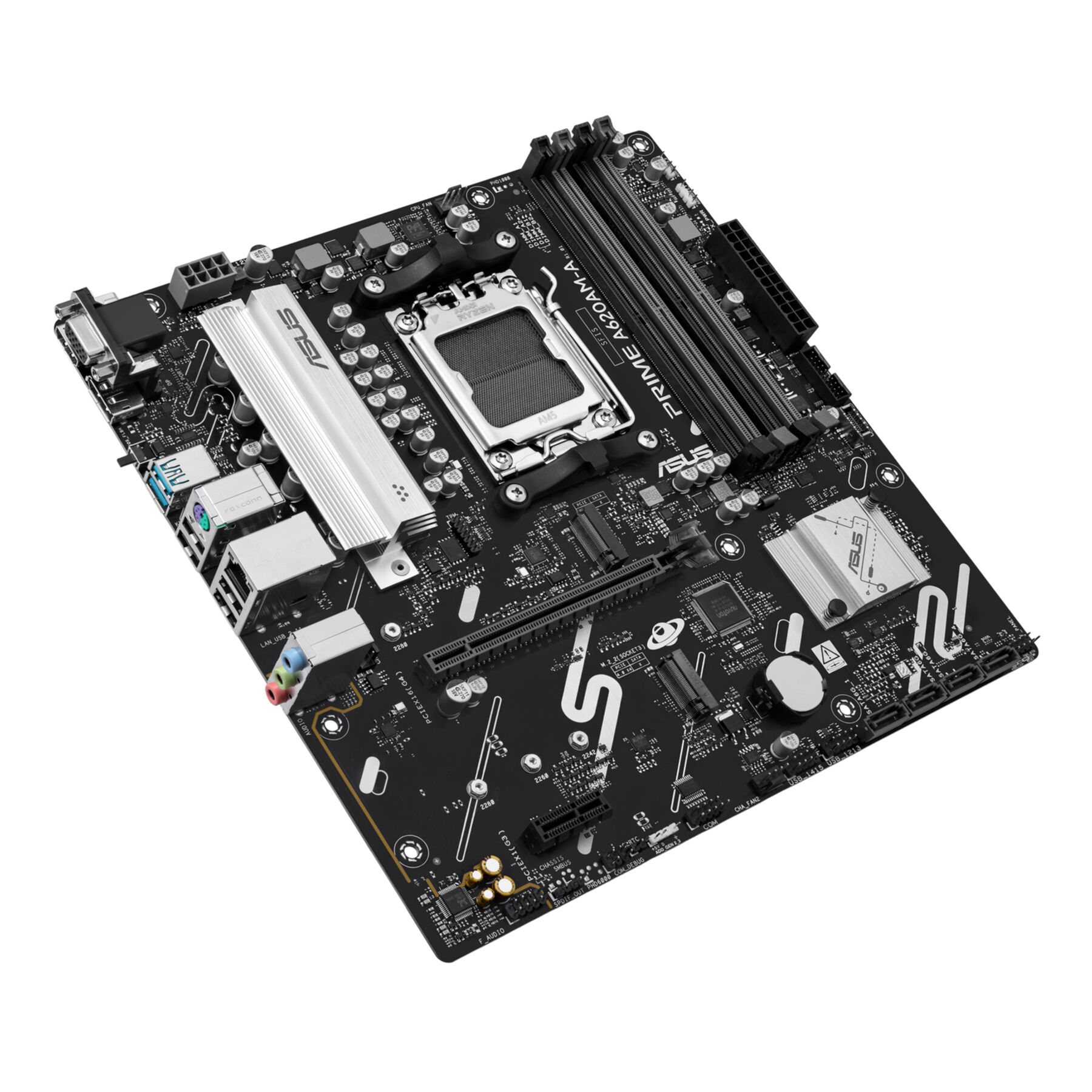 Carte mère ASUS Prime A620M-A noire. Comprend un socket CPU, des emplacements RAM, des logements d'extension et des connecteurs.