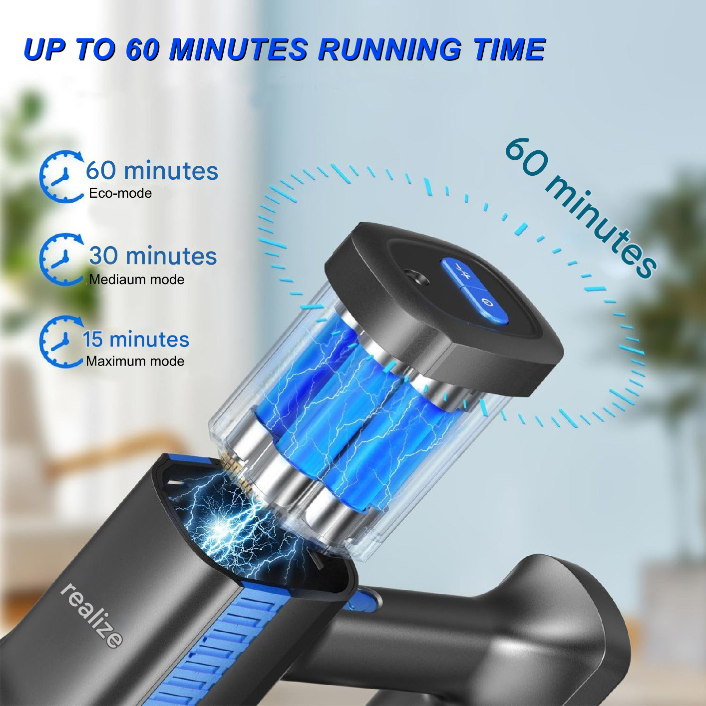 Un dispositivo elettrico con un cilindro trasparente contenente batterie blu. Mostra tempi di funzionamento di 60, 30 e 15 minuti.
