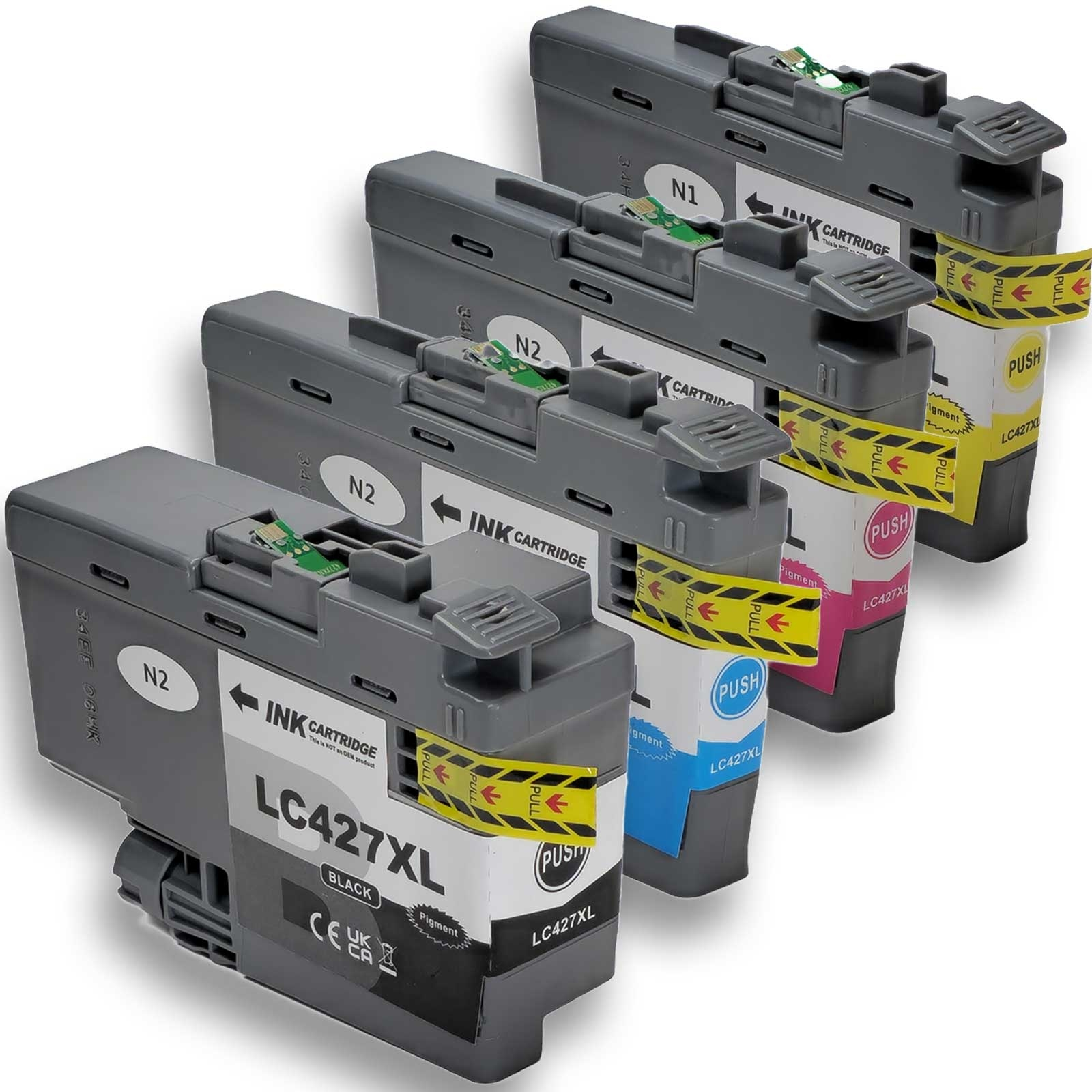 Vier graue Tintenpatronen mit Zug- und Push-Etiketten. Etiketten zeigen LC427XL. Eine ist schwarze Tinte, andere sind farbig.