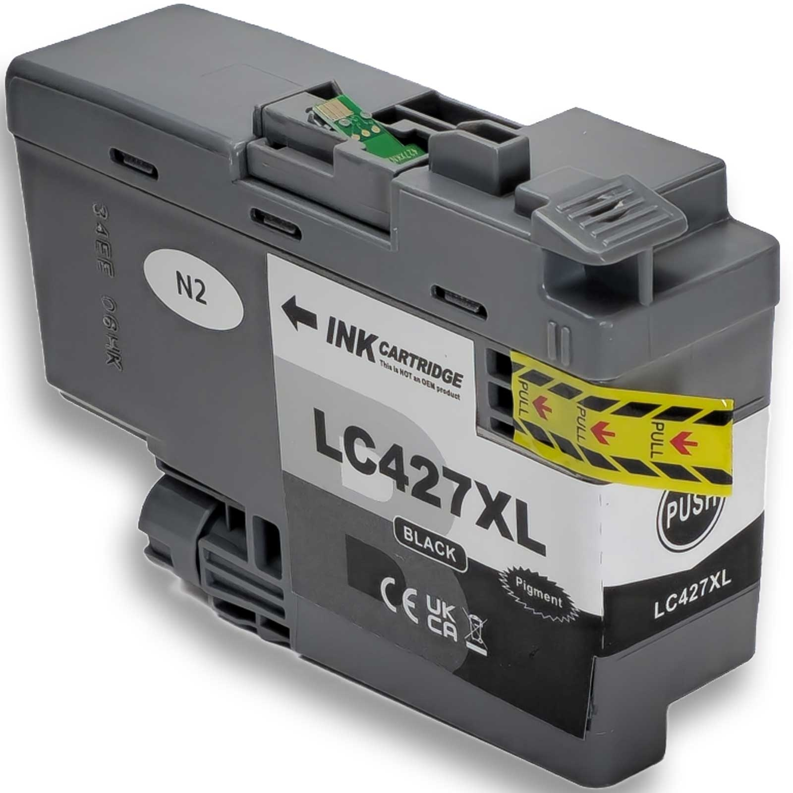 Eine graue LC427XL-Schwarz-Tintenpatrone. Sie hat eine gelbe Lasche zum Ziehen, schwarzen Text und eine grüne Leiterplatte.
