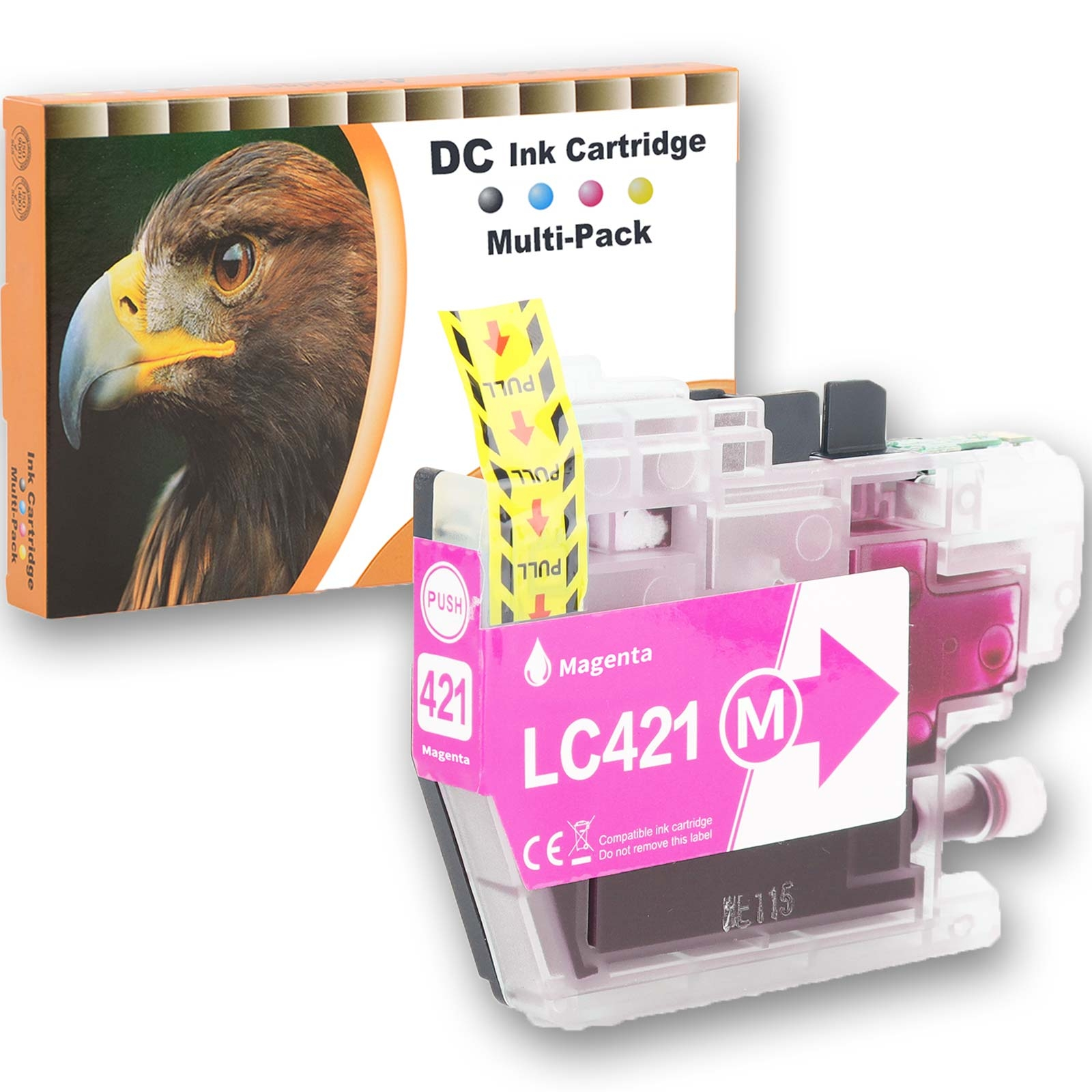 Tintenpatronenbox mit Adlerbild und magenta Tintenpatrone mit der Bezeichnung LC421 M.