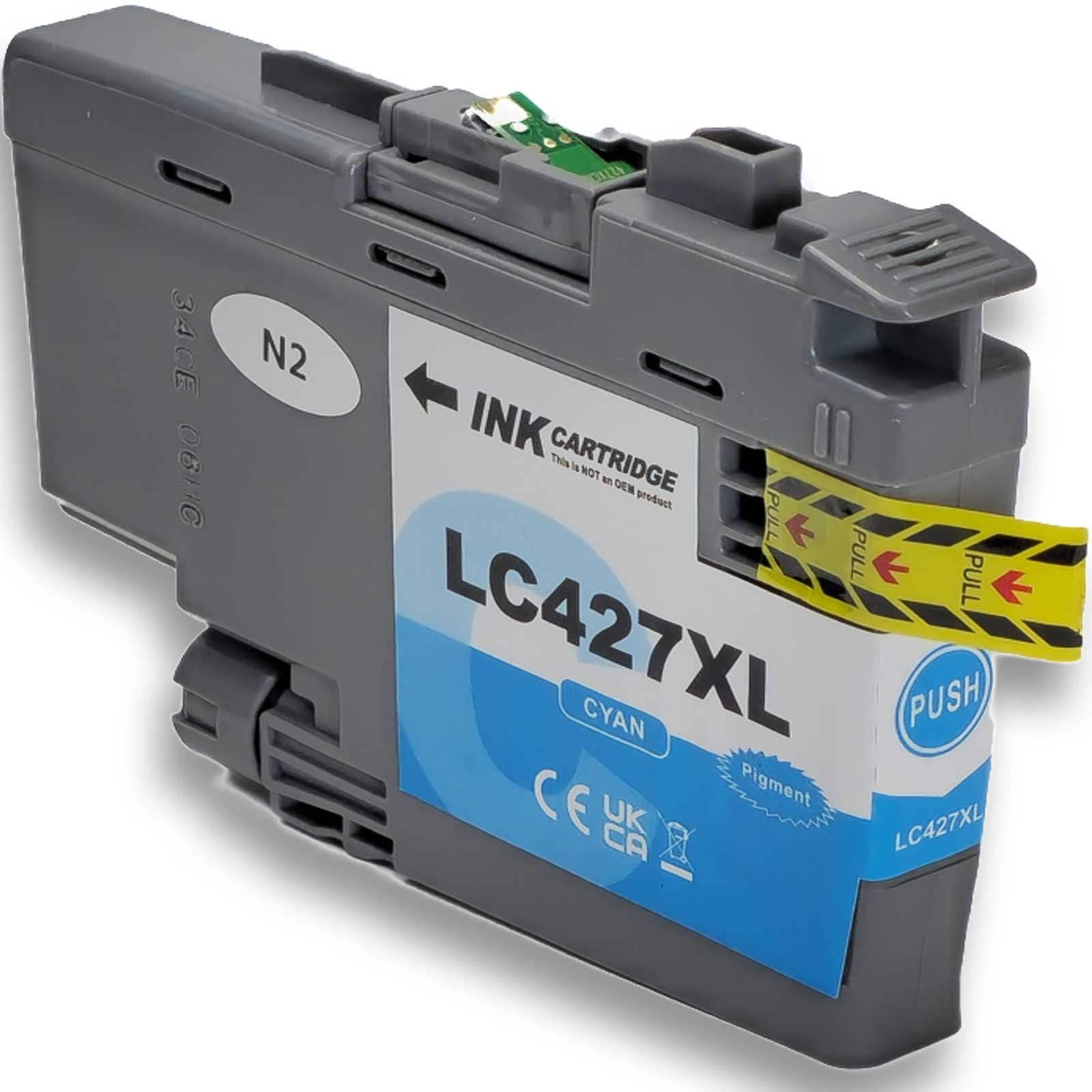 Cyan-Tintenpatrone mit der Bezeichnung LC427XL. Mit gelbem Ziehlasche und weißem Etikett. Graues Kunststoffgehäuse.