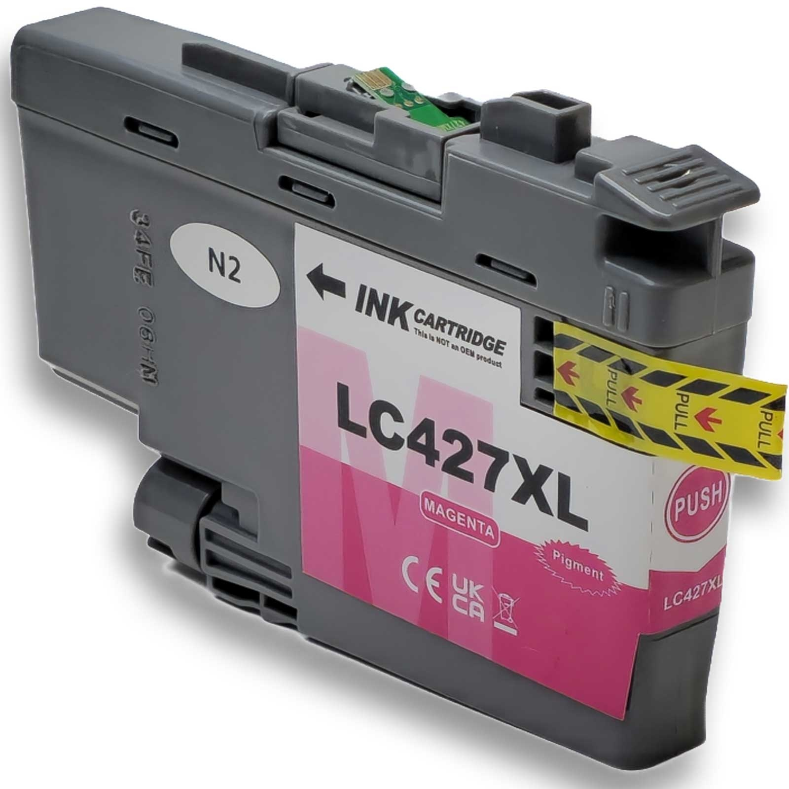 Tintenpatrone mit der Aufschrift LC427XL Magenta. Sie hat eine Lasche, eine Drucktaste und einen N2-Aufkleber.