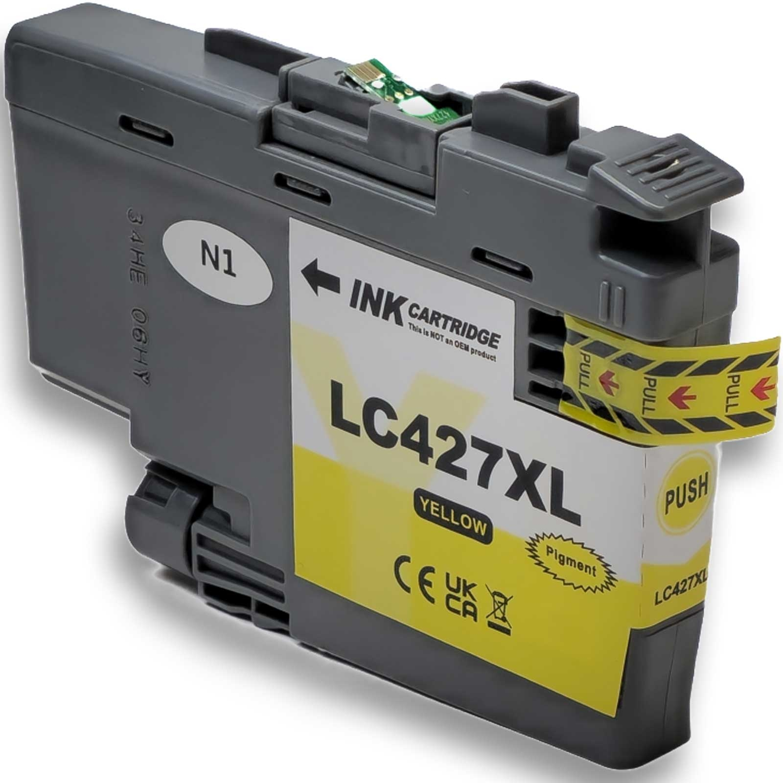 Eine gelbe Tintenpatrone mit der Aufschrift LC427XL. Enthält "PULL"-Etiketten, "PUSH"-Etikett und Text "YELLOW".