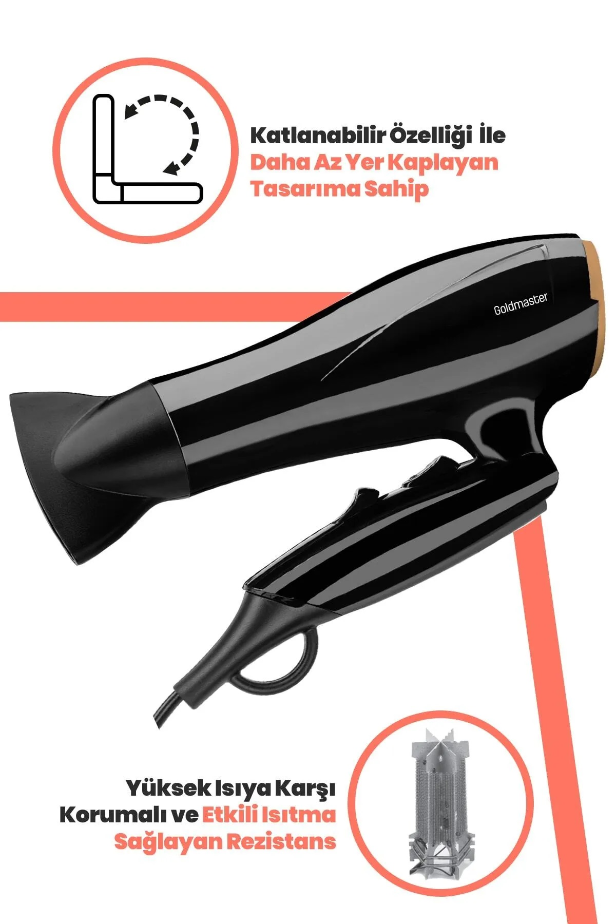 Siyah Goldmaster saç kurutma makinesi, katlanabilir tasarıma sahip. Metin, ısı koruması ve etkili ısıtma dirençlerini vurgular. Arka plan beyaz.