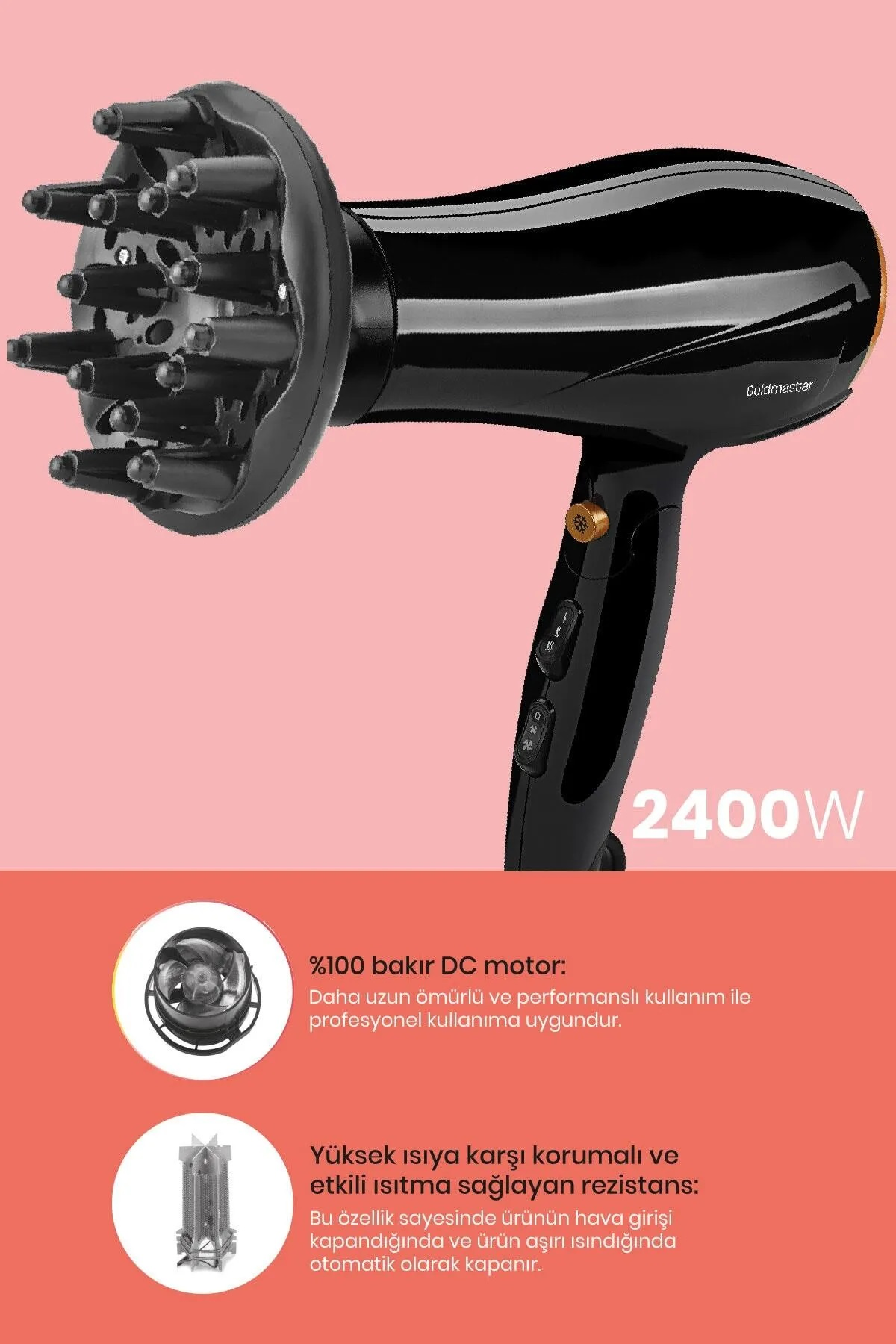 Siyah saç kurutma makinesi, difüzör eki, altın detaylar ve beyaz ve kırmızı degrade arka planda 2400W etiketi.
