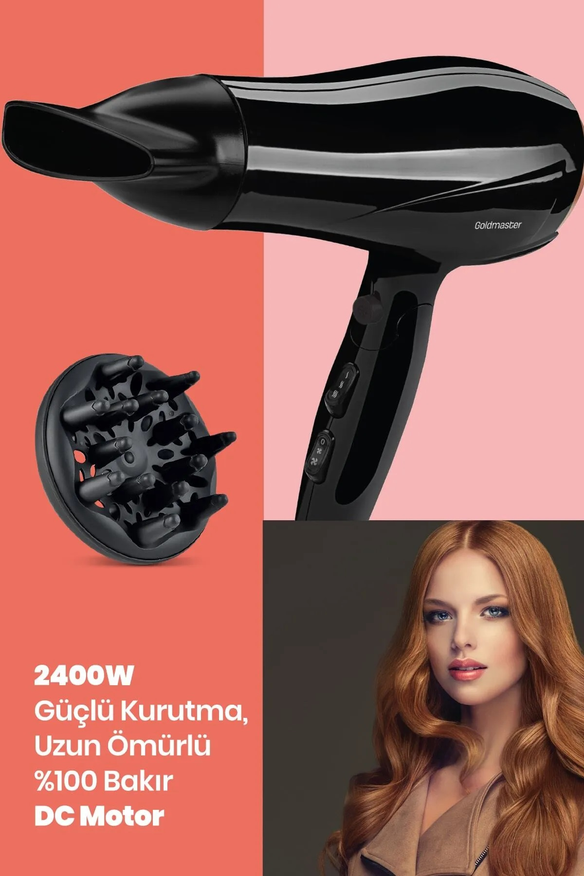 Siyah bir Goldmaster saç kurutma makinesi, kırmızı saçlı bir kadın ve ürün özellikleri metni.