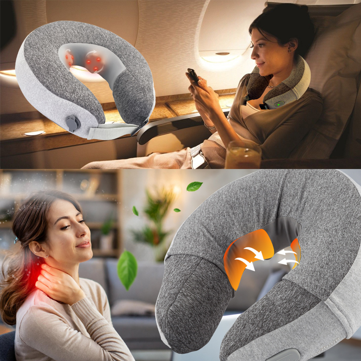 Das Bild zeigt ein Nackenkissen, das von einer Frau in einem Flugzeug benutzt wird. Das Kissen ist grau und hat eine Massagefunktion. Zusätzliche Bilder sind enthalten.