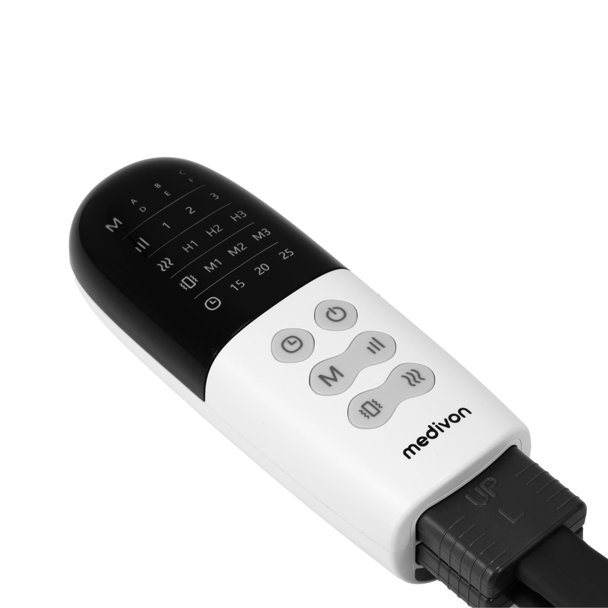 Un dispositivo blanco y negro con botones y una pantalla que muestra iconos y números. Visible la marca 'medivon'.
