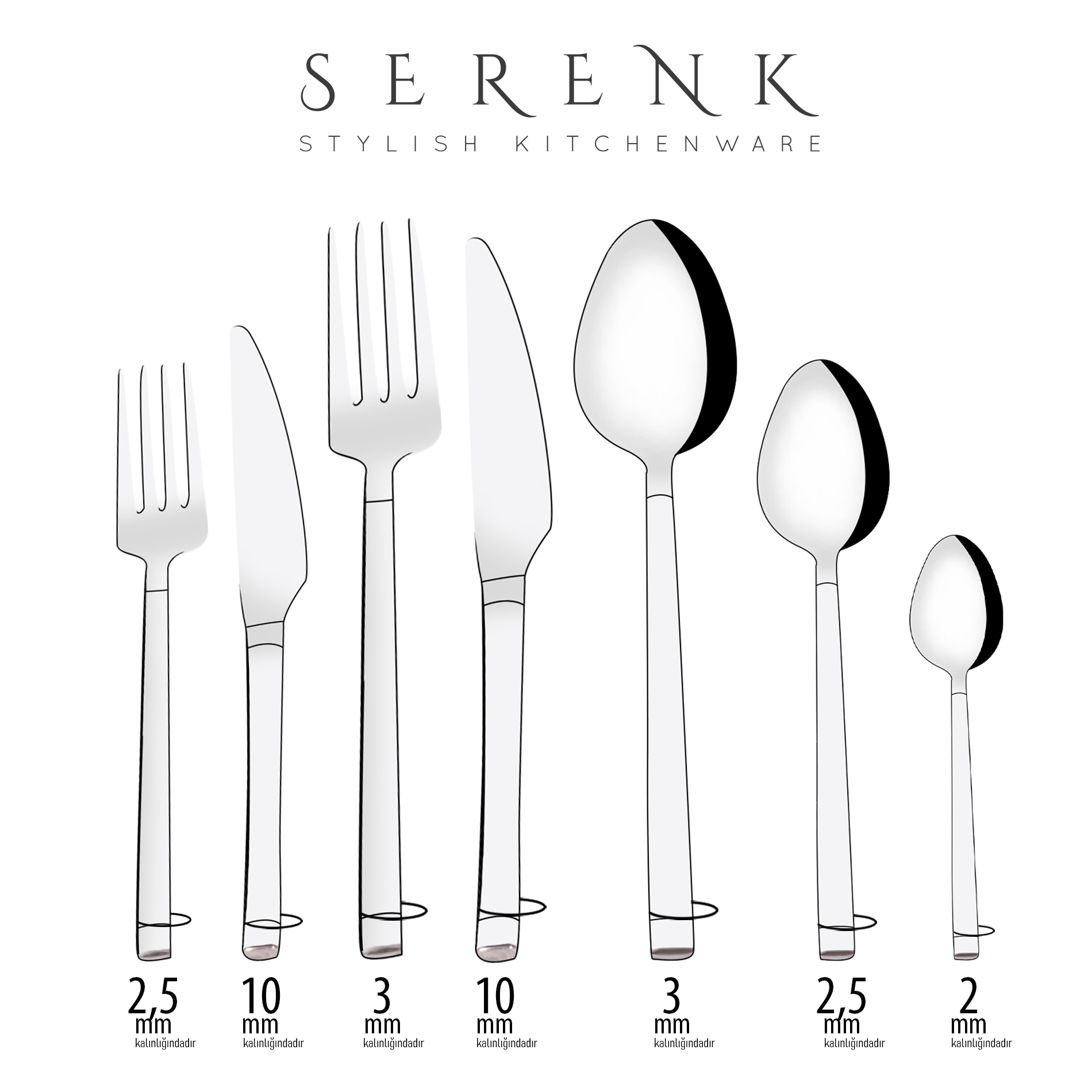 Görselde çatal, bıçak ve kaşıklar var. Marka adı SERENK ve 'Stylish Kitchenware' yazısı mevcut.