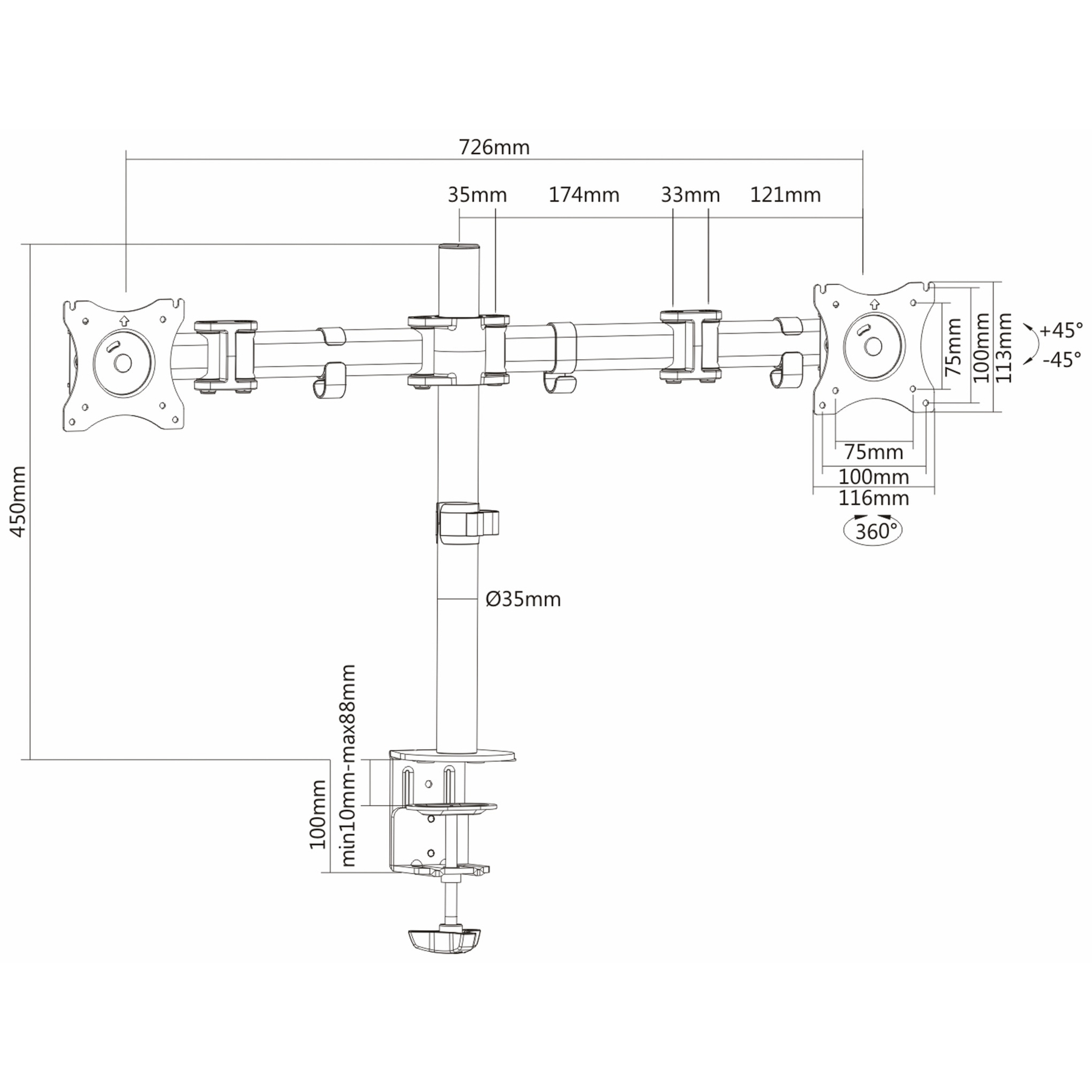 Diagramm einer Monitorhalterung mit Millimeterangaben, das Abmessungen und Winkel zur Einstellung zeigt.
