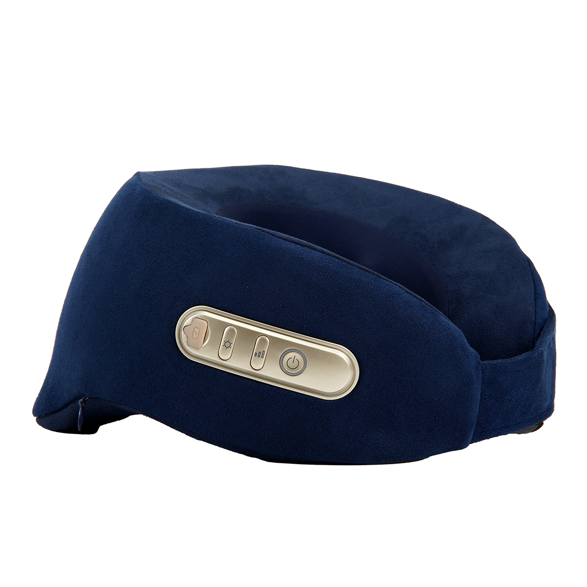 Ein marineblauer Nackenmassagegerät mit Steuertasten. Das Massagegerät befindet sich auf weißem Hintergrund. Es hat Tasten für verschiedene Massageeinstellungen.