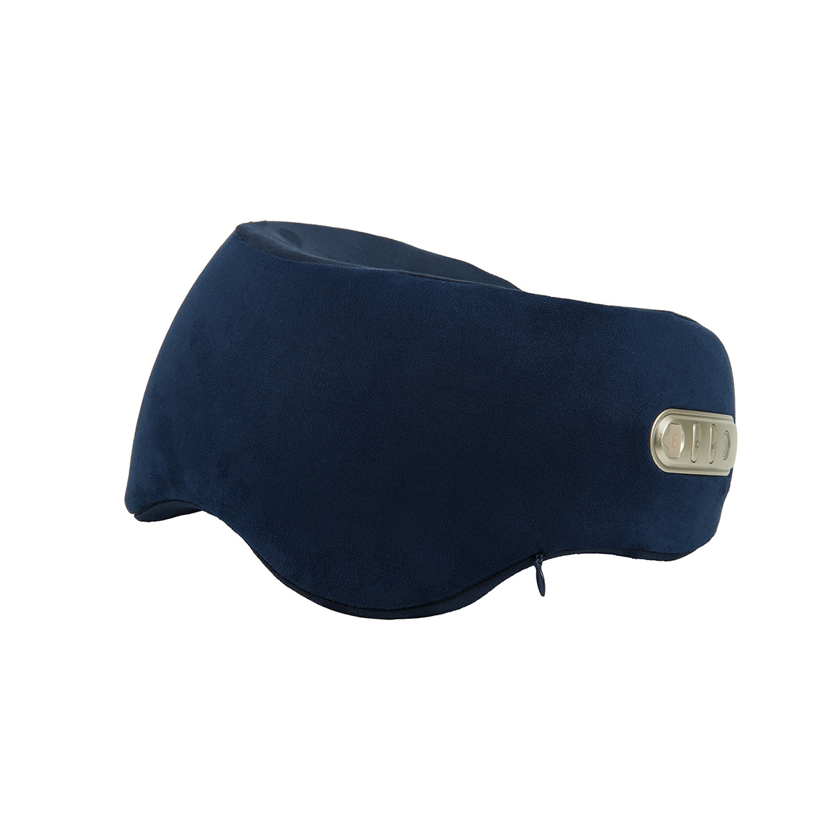 Eine marineblaue Augenmaske mit silbernem Bedienfeld. Sie hat einen Reißverschluss an der Unterseite. Der Hintergrund ist weiß.