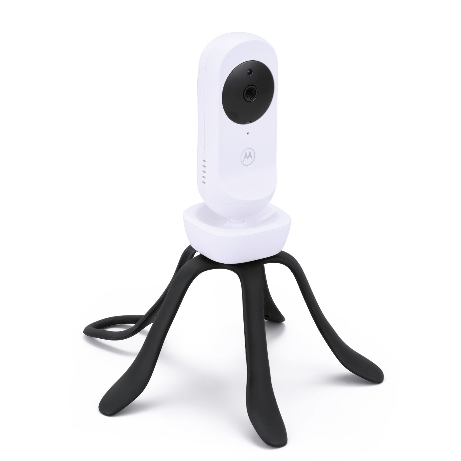 Ein weißer Babyphone mit schwarzer Linse auf einem schwarzen Stativ vor weißem Hintergrund. Das Motorola-Logo ist sichtbar.