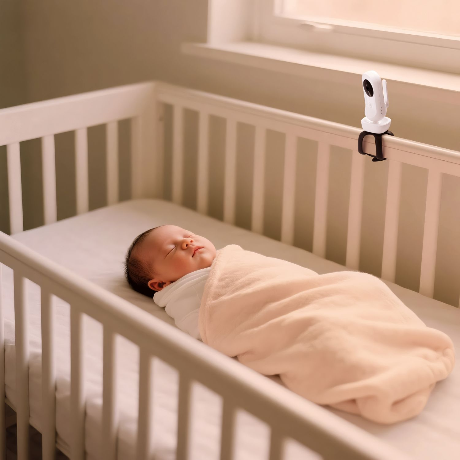 Ein Baby schläft in einem Kinderbett. Ein weißer Monitor ist am Bett befestigt. Das Bett steht in einem Raum mit Fenster.