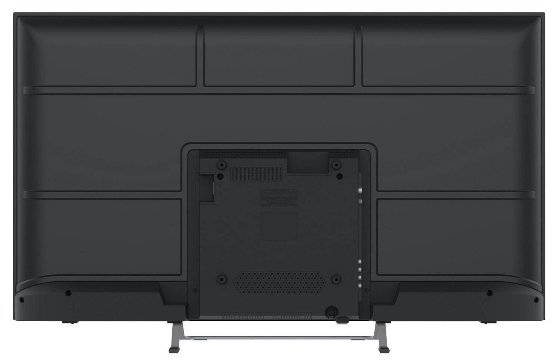Vista trasera de un televisor negro. Tiene un soporte y un panel central con puertos y ventilaciones. La pantalla es oscura.