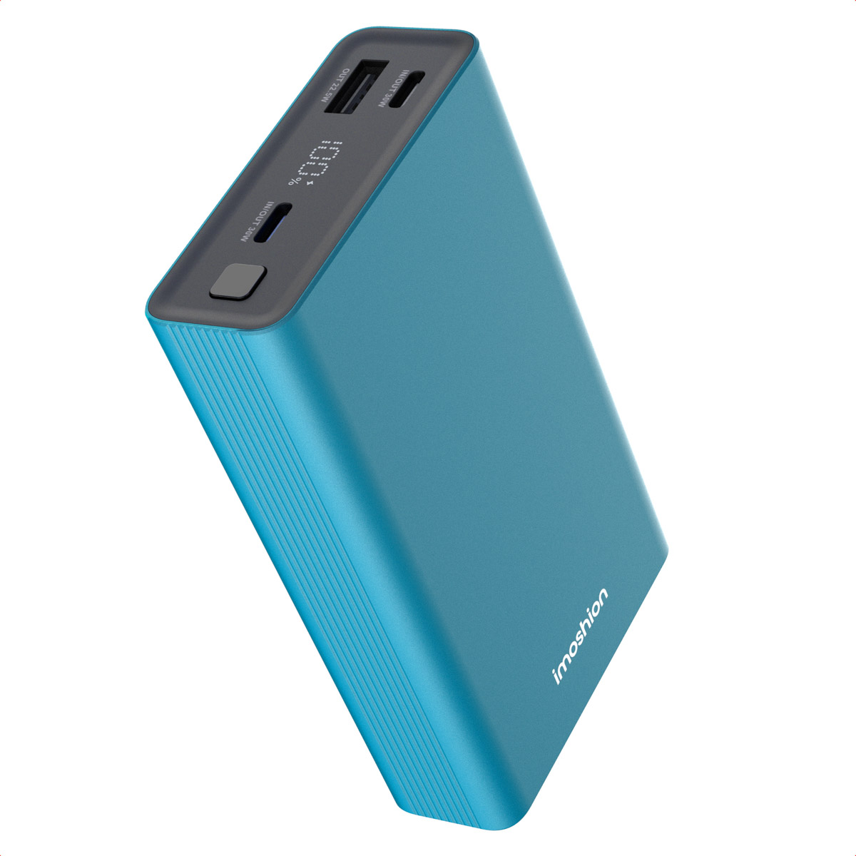 Une batterie externe bleue avec un affichage numérique indiquant 100%. Elle a des ports d'entrée/sortie et le logo 'imoshion'.