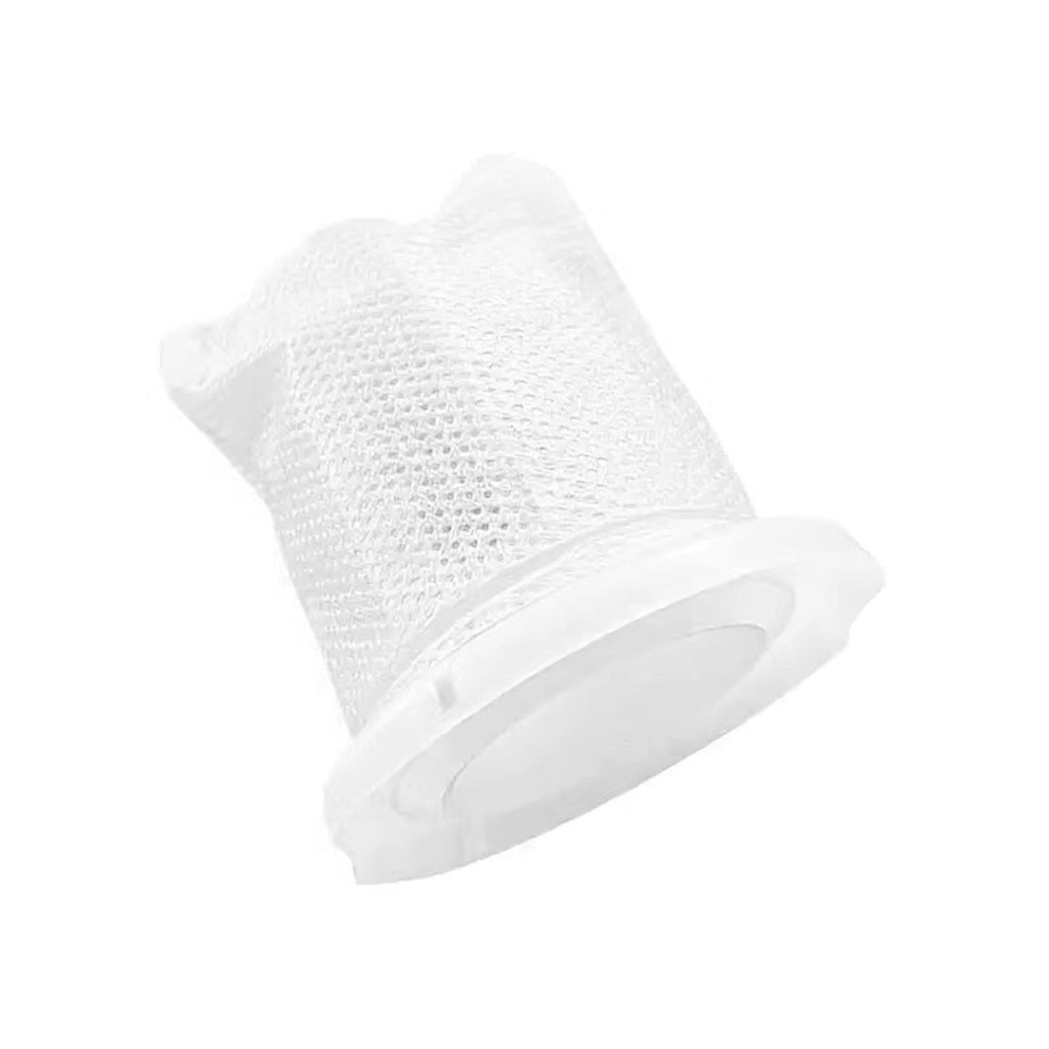 Ein weißer, zylindrischer Staubsaugerfilter. Es hat einen Maschenkörper und eine solide, kreisförmige Basis. Isoliert auf weißem Hintergrund.