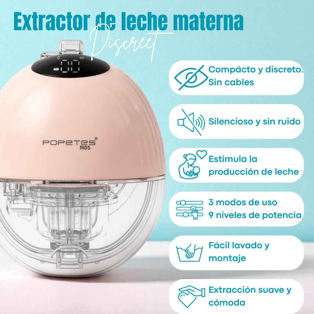 Un extractor de leche rosa y blanco, con pantalla digital y texto en español que describe sus características.