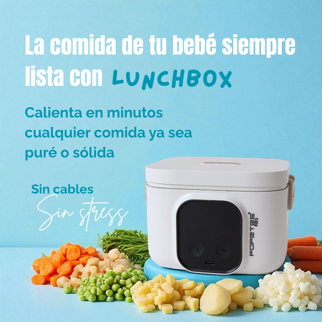 La imagen muestra una lonchera blanca con verduras. El texto dice: Comida para bebés siempre lista con Lunchbox. Calienta cualquier comida en minutos, sin cables.