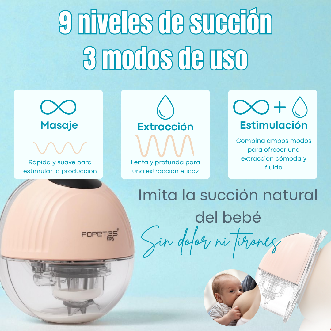 La imagen muestra un sacaleches con las etiquetas: masaje, extracción y estimulación. También muestra a un bebé amamantando.