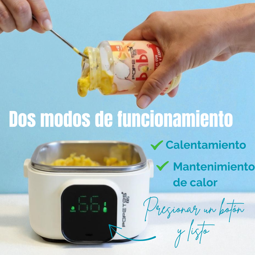 Una mano vierte comida para bebés de un frasco a un calienta alimentos blanco. El texto describe las funciones de calentamiento y mantenimiento. La temperatura es 66.